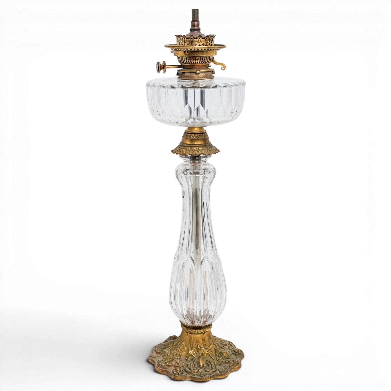 Samuel S. Messenger & Sons Gilt Bronze & Cut Crystal Converted Oil Lamp: Samuel S. Messenger & Sons Gilt Bronze & Cut Crystal Converted Oil Lamp 19th century, England Marked "Samuel S. Messenger & Sons" of Birmingham, England one of the most prominent British lighting manu