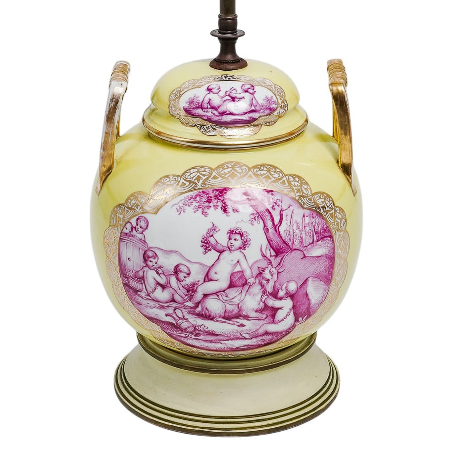 Antique Augusts Rex-Style Yellow Porcelain Urn Lamp (1 of 7)