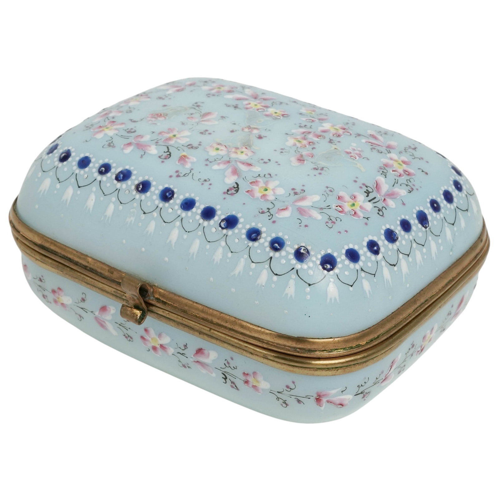 Napoleon III Era Opaline Glass Jewelry Box: Napoleon III Era Opaline Glass Jewelry Box c. 1870-1890, French The container is crafted from semi-translucent, light sky-blue opaline glass. It features a rounded-rectangular structure. The top and