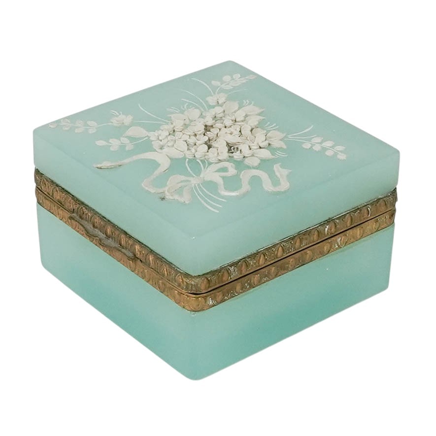 Antique French Painted Relief Opaline & Gilt Brass Trinket Box: Antique French Painted Relief Opaline & Gilt Brass Trinket Box Early 20th . French This square, semi-translucent light blue opaline glass trinket box features a textured white floral bouquet and a rel