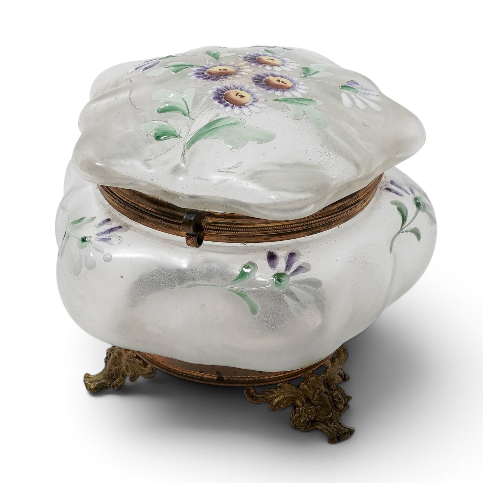 Art Nouveau French Frosted Satin Glass Jewelry Box: Art Nouveau French Frosted Satin Glass Jewelry Box C. 1900s, French The piece showcases unique design and material features characteristic of the era. Hand-painted with raised enamel floral motifs