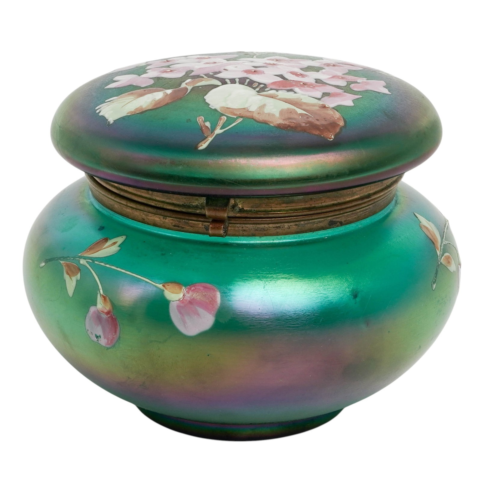 Bohemian Iridescent Art Glass w/ Floral Enamel Vanity Box: Bohemian Iridescent Art Glass w/ Floral Enamel Vanity Box c. 1880-1910. Bohemian Hand-painted enameled art glass box featuring multi-toned iridescent finish with the brass collar, hinge mechanism and
