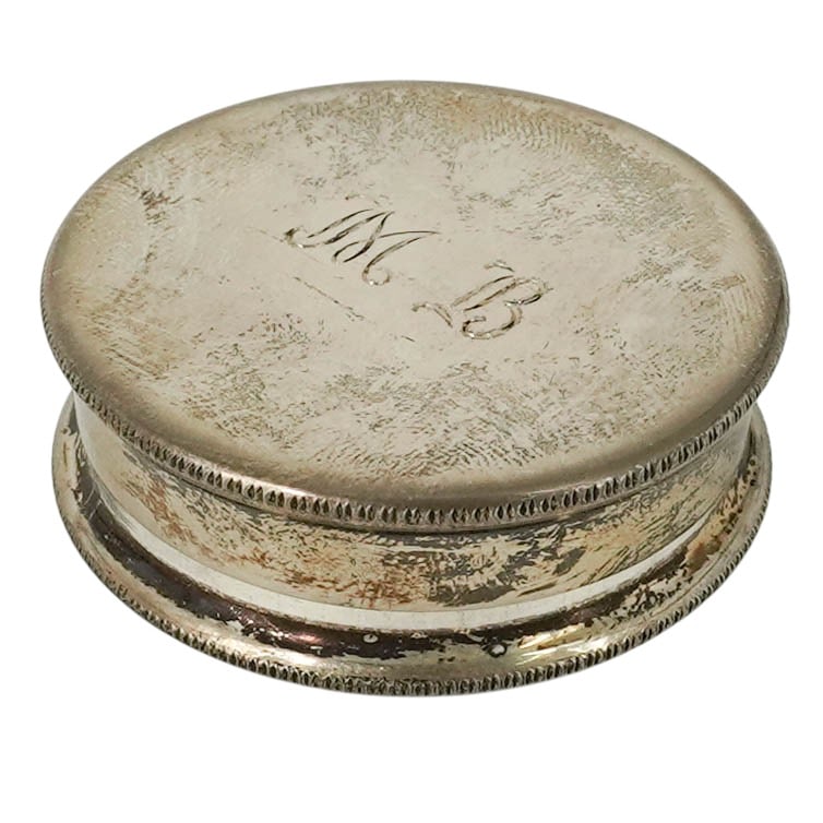 Tiffany & Co. Sterling Silver Pill Box: Tiffany & Co. Sterling Silver Pill Box Mid 20th Cent., American Vintage Tiffany & Co. sterling silver round pill box featuring a fine engine-turned texture on the lid and a custom script monogram read
