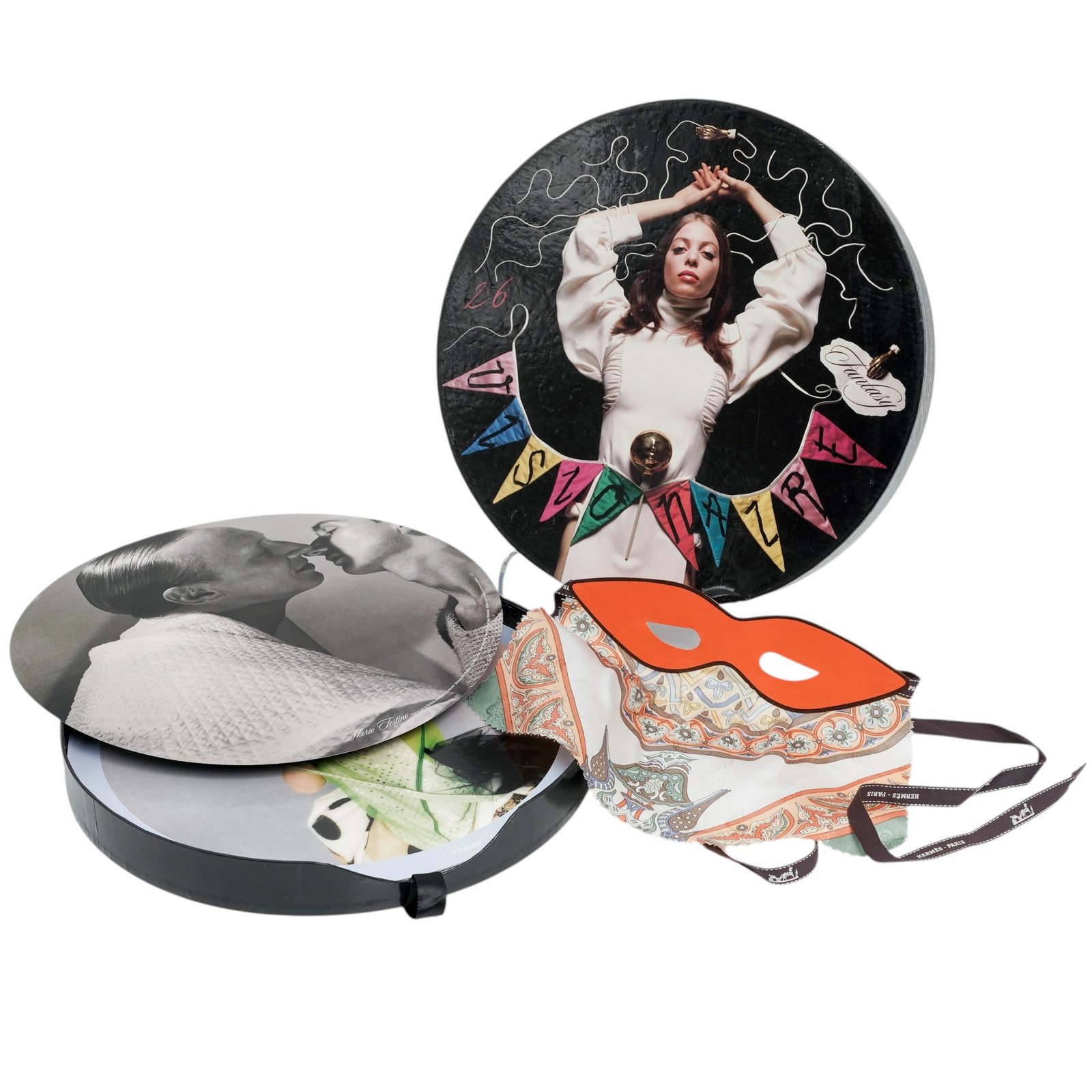 Limited Edition Visionaire x Hermes 26 FANTASY: Limited Edition Visionaire x Hermes 26 FANTASY 1998, USA A collectible artist publication set comprising circular printed folios and accessories housed in original presentation packaging, including a 