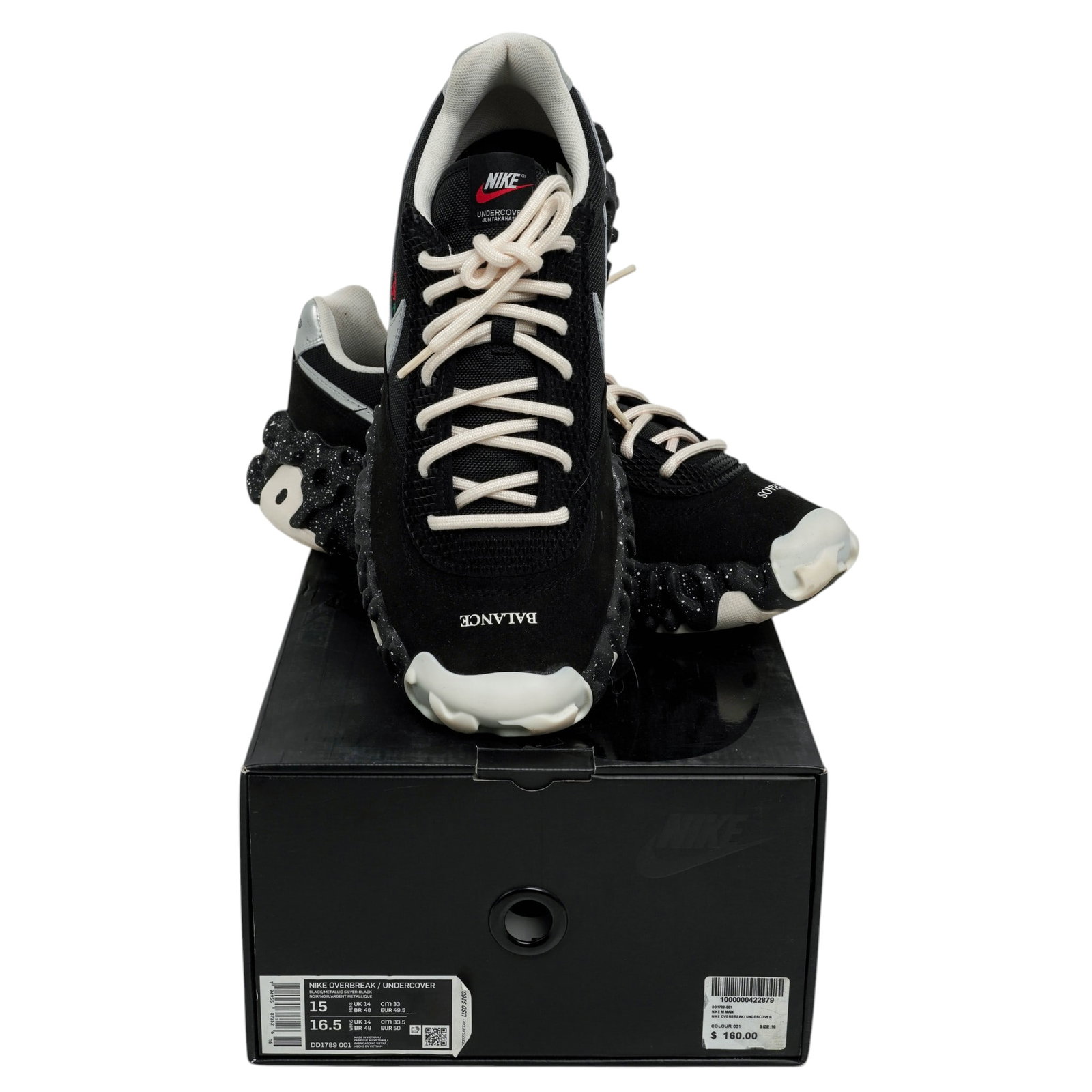 Nike x Jun Takahashi UNDERCOVER 'Overbreak' Sneakers: Nike x Jun Takahashi UNDERCOVER 'Overbreak' Sneakers 2021 Nike x Jun Takahashi Undercover Overbreak Sneakers. Black mesh and suede sneakers featuring exaggerated speckled foam soles, white Swoosh logo