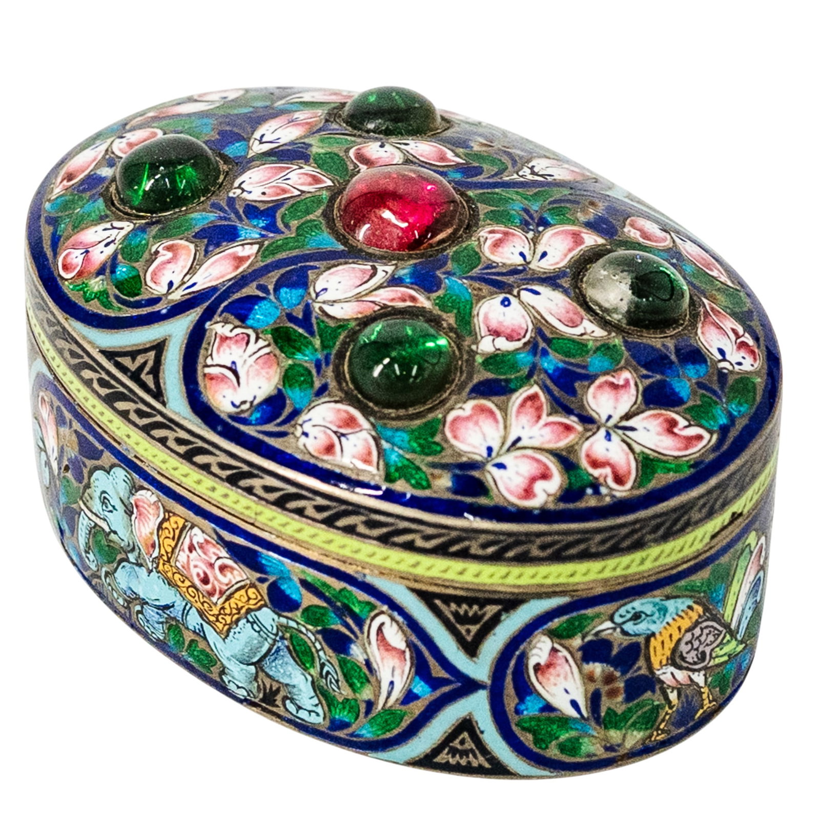 Mughal Style Sterling Vermeil & Meenakari Enamel Box: Mughal Style Sterling Vermeil & Meenakari Enamel Box Early 20th c., India Sterling silver box decorated with vibrant cobalt blue, green, and pink Meenakari (champleve) enamel work featuring intricate 