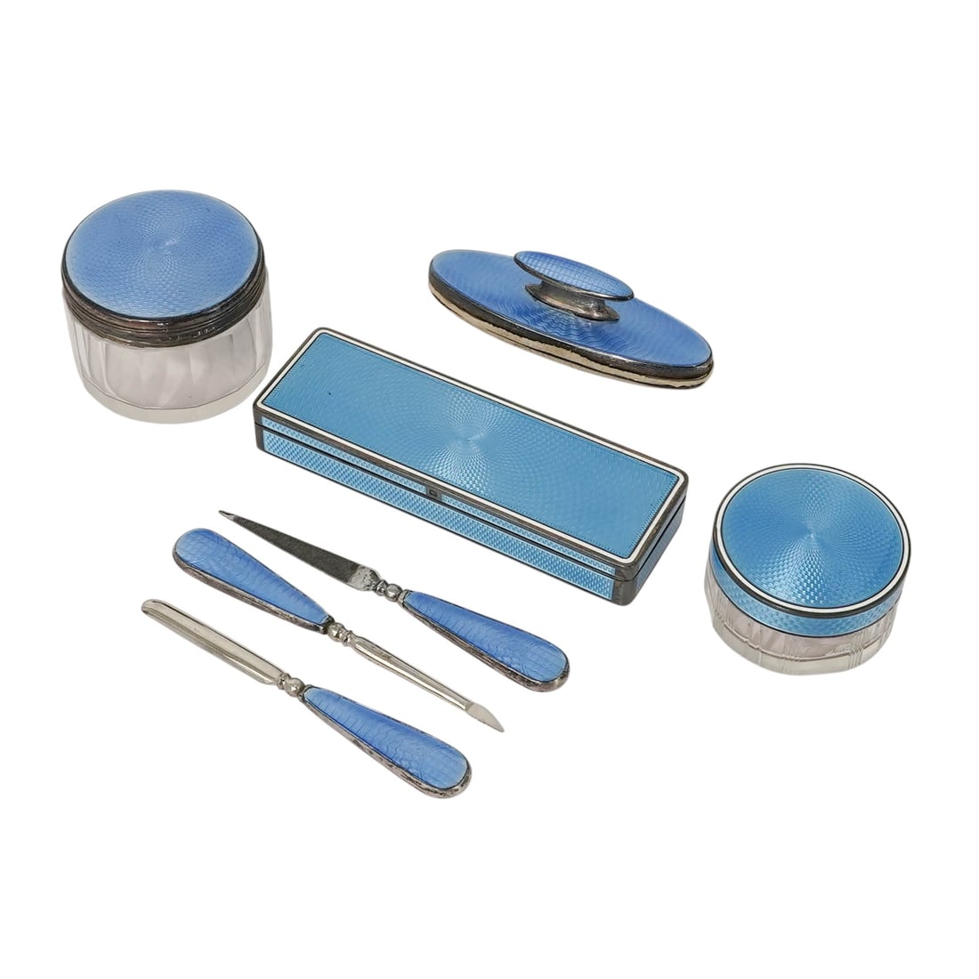(7pc) English Sterling Silver & Blue Guilloche Manicure Set (1 of 20)