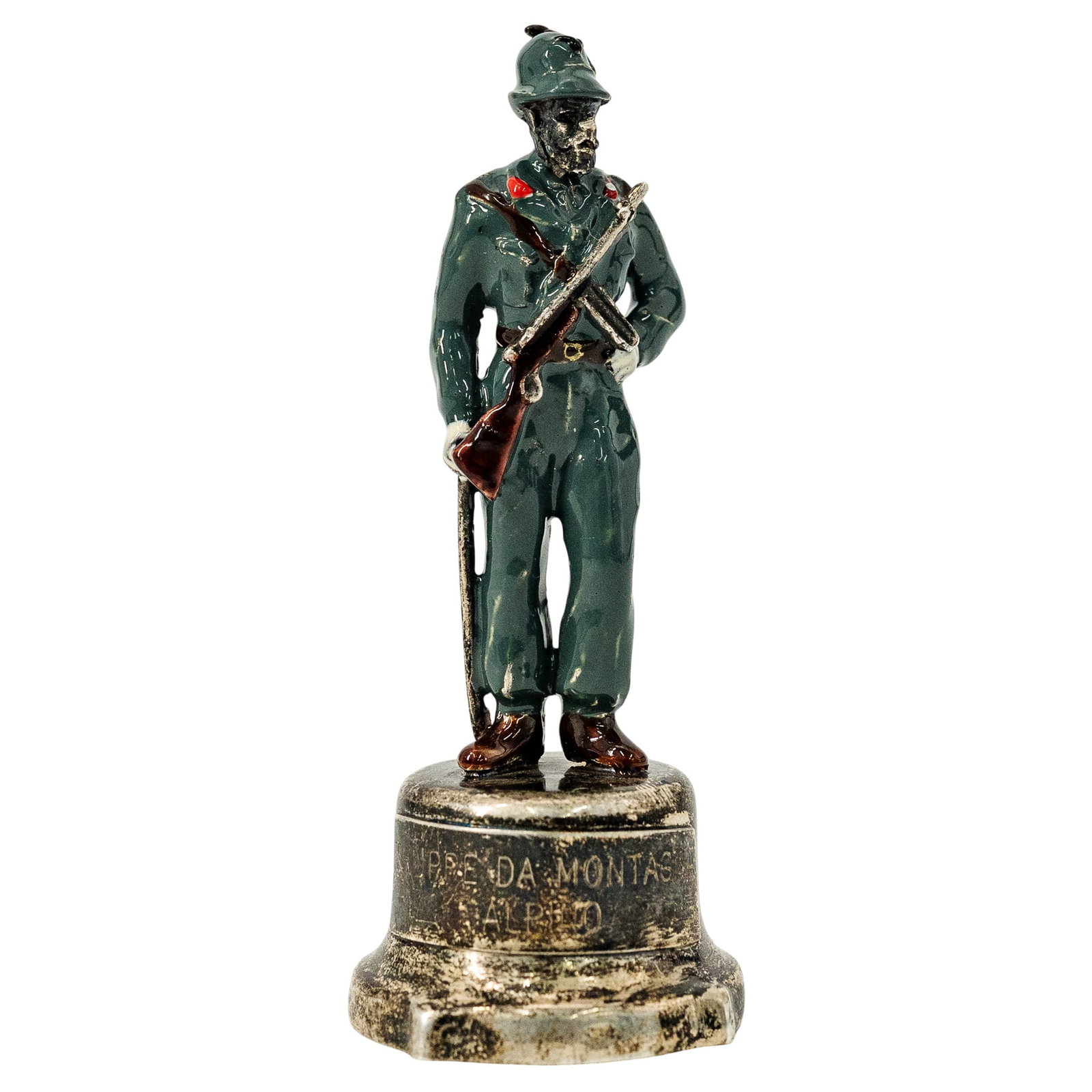 Vintage Italian 800 Silver Alpini Soldier Figurine: Vintage Italian 800 Silver Alpini Soldier Figurine Mid 20th c., Italy This sterling silver enameled miniature figure depicts an early 20th-century Italian Alpini soldier of the elite mountain military