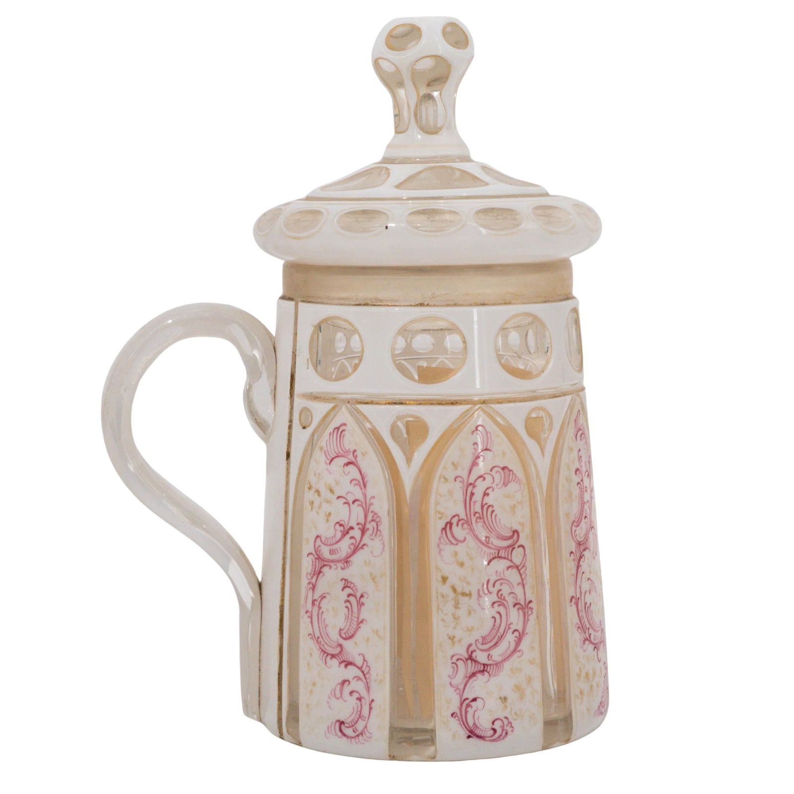 Antique Dutch Crystal Cut and Enameled Stein: Antique Dutch Crystal Cut and Enameled Stein Early 19th Century, Netherlands Antique Dutch overlay cut crystal stein with clear applied handle and domed stopper lid. Features intricate wheel-cut oval