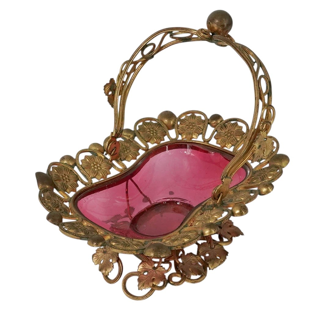 19th Cent. Cranberry Glass & Gilt Metal Bon Bon Basket (1 of 13)
