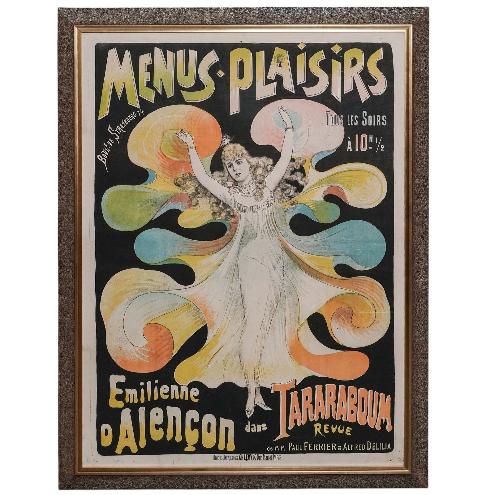 Art Nouveau Emilienne d'Alençon "Menus-Plaisirs" Lithograph Advertising Poster: Art Nouveau Emilienne d'Alençon "Menus-Plaisirs" Lithograph Advertising Poster 1891–1893, French This 19th-century Belle Époque antique theatre poster lithograph, printed by Charles Lévy in Paris