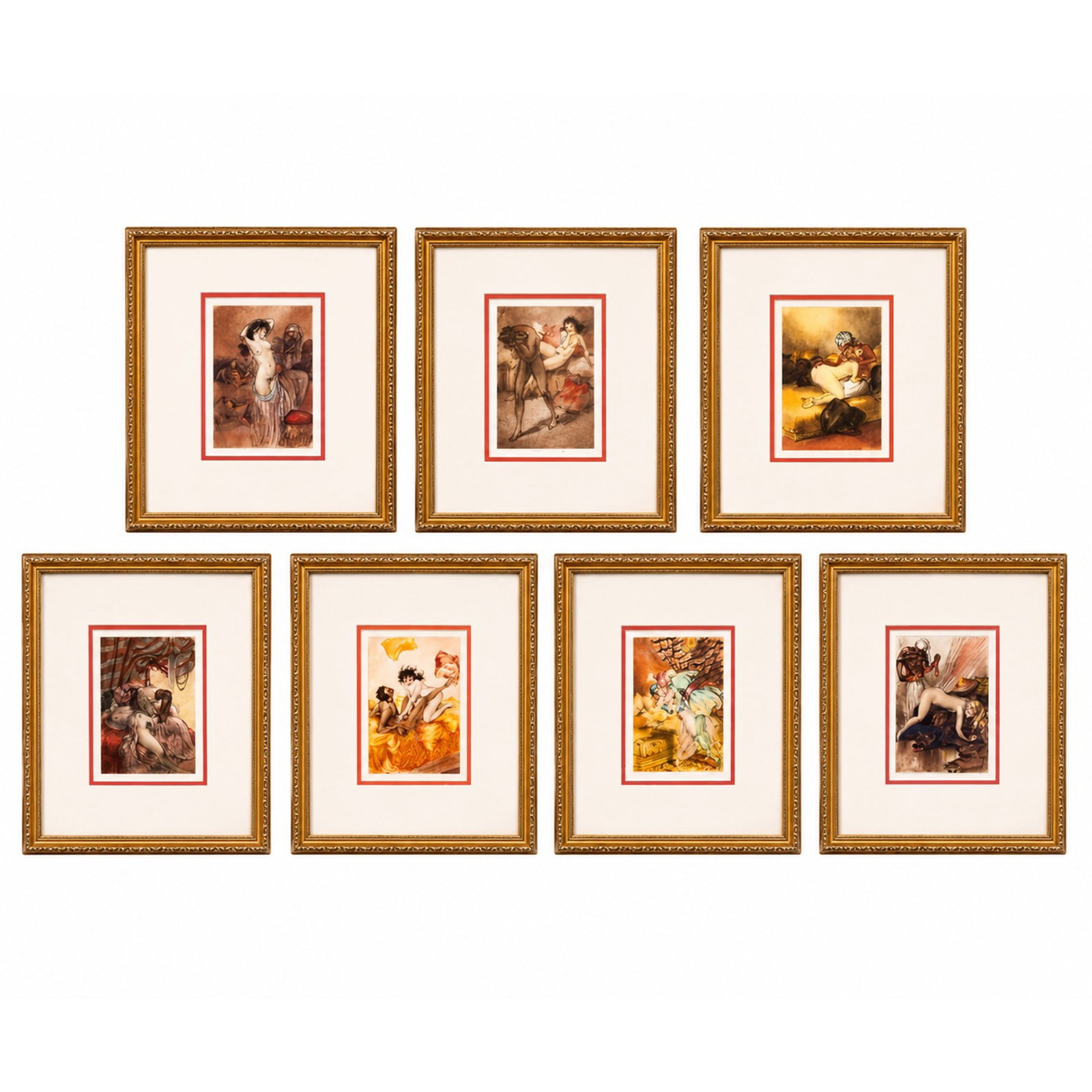 (7 pc) After Louis Icart (French, 1888–1950) Erotic Etchings: (7 pc) After Louis Icart (French, 1888–1950) Erotic Etchings Early 20th Century, France Collection of erotic-themed etchings after works by Louis Icart, featuring playful and risqué figural scenes 