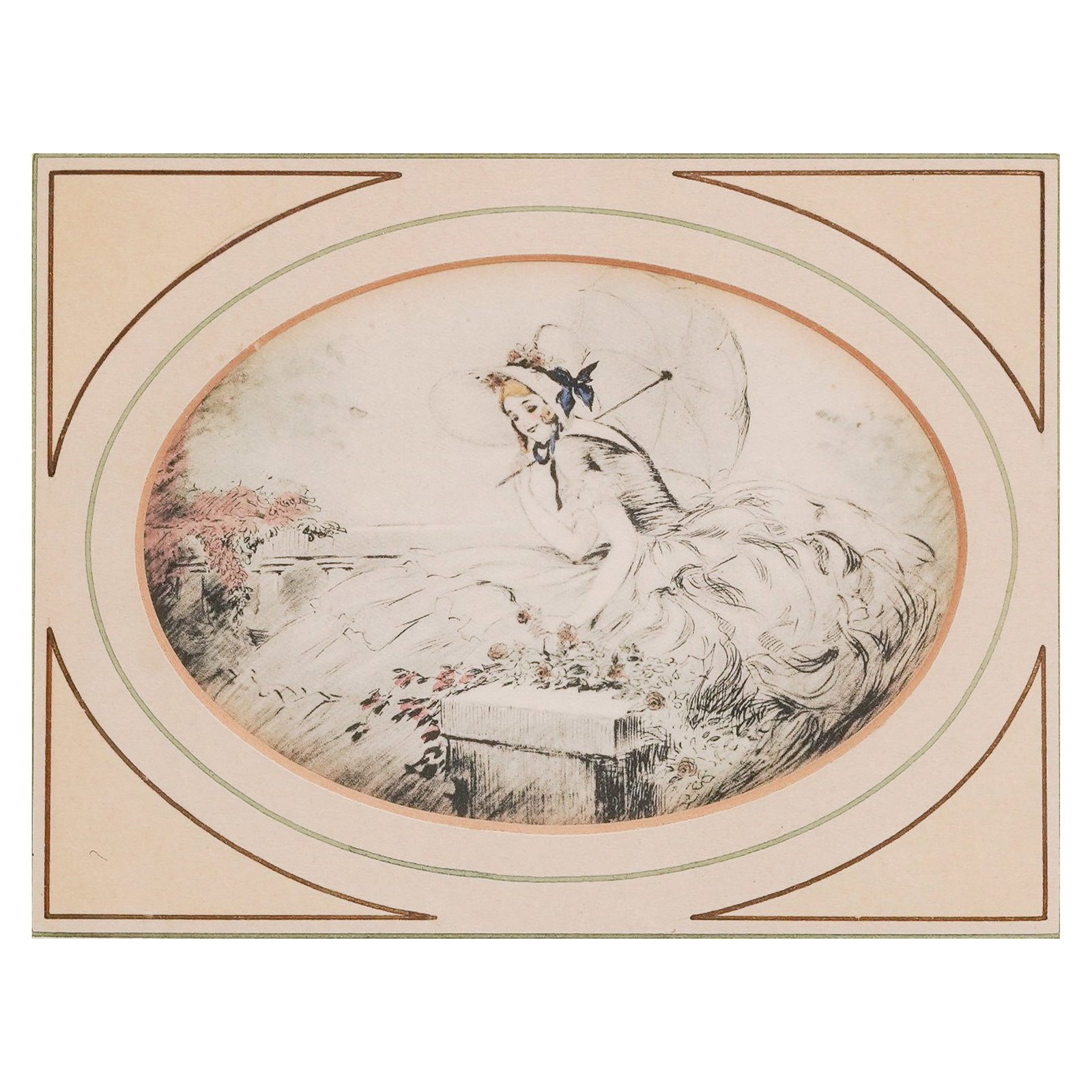 Louis Icart Style Woman w/ Parasol Etching: Louis Icart Style Woman w/ Parasol Etching Early 20th century An etching of a woman with a parasol in an outdoor setting in the style of artwork by Louis Icart. Frame H 8.125" x W 9.5" Etching H 3.5" 