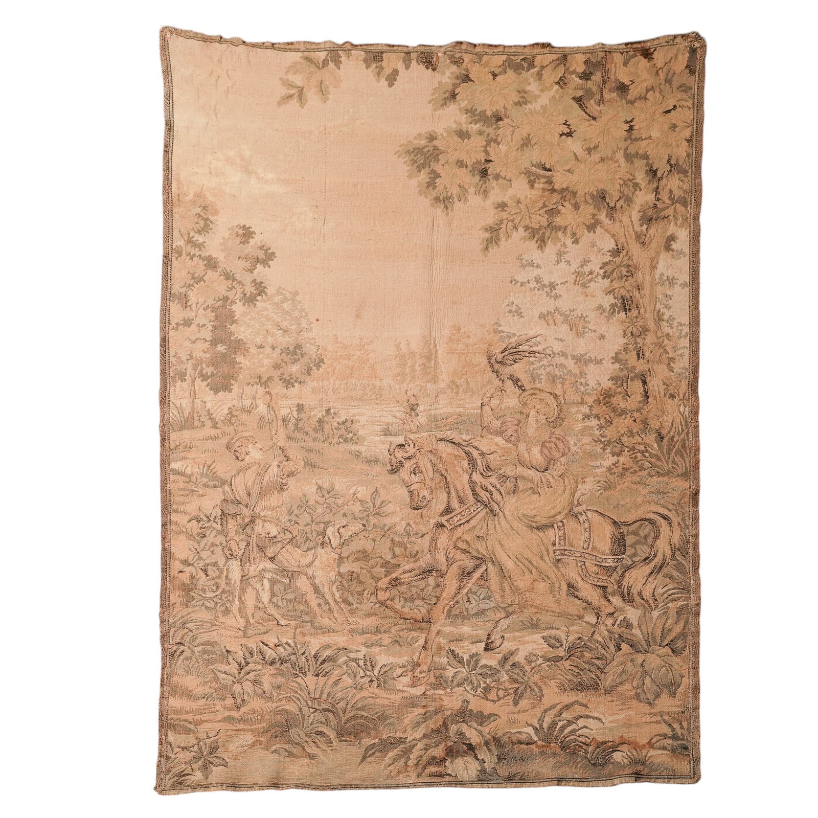 Antique French Equestrian Tapestry: Antique French Equestrian Tapestry Early 20th Century, France Antique French tapestry depicting an equestrian hunting scene within a pastoral landscape. The woven textile features a mounted rider on h