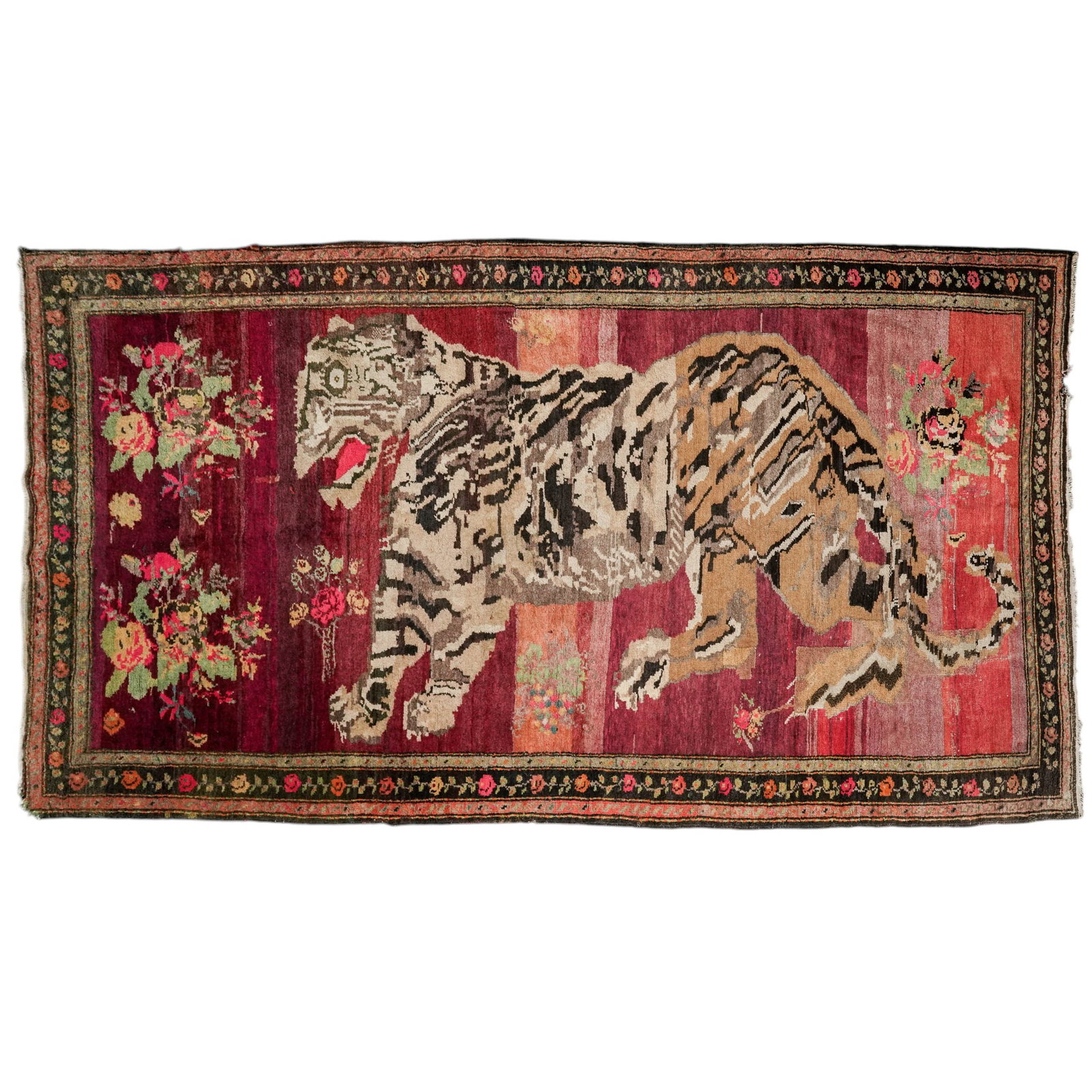 Vintage Caucasian Karabagh Tiger Accent Rug: Vintage Caucasian Karabagh Tiger Accent Rug Mid-20th Century, Eurasia Vintage Caucasian Karabagh tiger accent rug, hand-knotted in wool with a stylized tiger motif and geometric border detailing. Feat