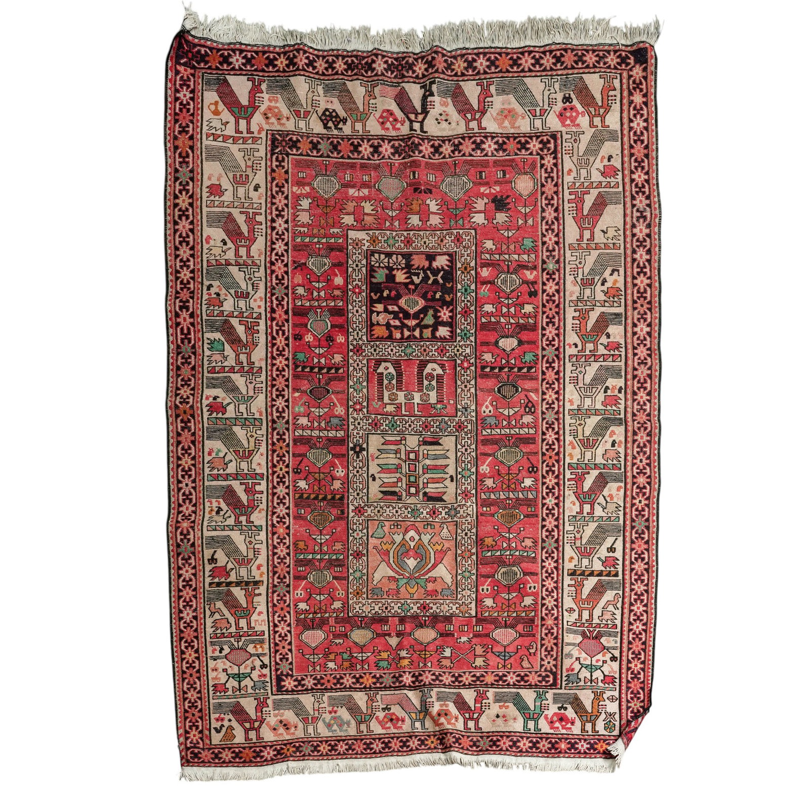 Middle Eastern Silk Soumak Flat-Weave Rug: Middle Eastern Silk Soumak Flat-Weave Rug 20th century Vntage Silk Verneh Soumak flat-weave rug, highly prized for its intricate hand-woven embroidery and pictorial tribal design. It utilizes the Soum