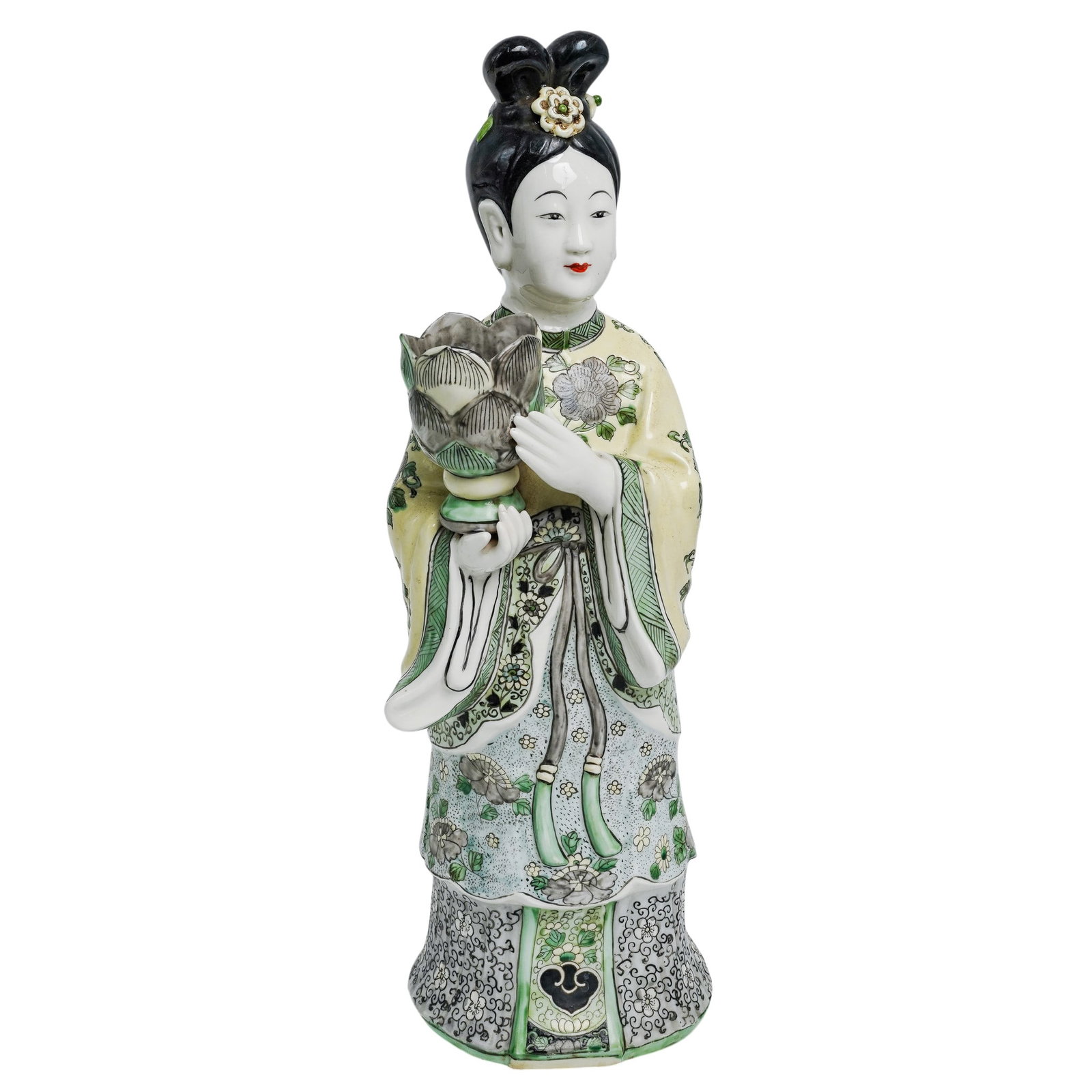 Large Chinese Export Enameled Guanyin Porcelain Figurine: Large Chinese Export Enameled Guanyin Porcelain Figurine 20th century, China Large figurine depicting a maiden dressed in traditional Chinese attire. She securely holds a large, stylized lotus blossom