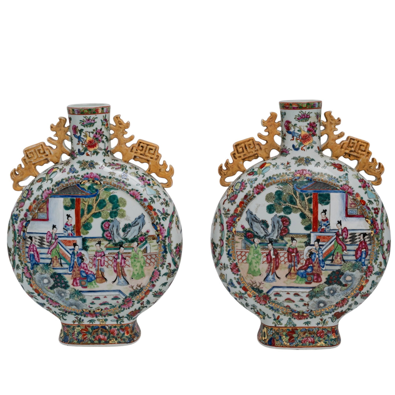 Pair Chinese Famille Rose Porcelain Moon Flask Vases: Pair Chinese Famille Rose Porcelain Moon Flask Vases Early-Mid 20th Century, China Pair of Chinese famille rose porcelain moon flask vases, each of flattened baluster form with twin cylindrical necks 