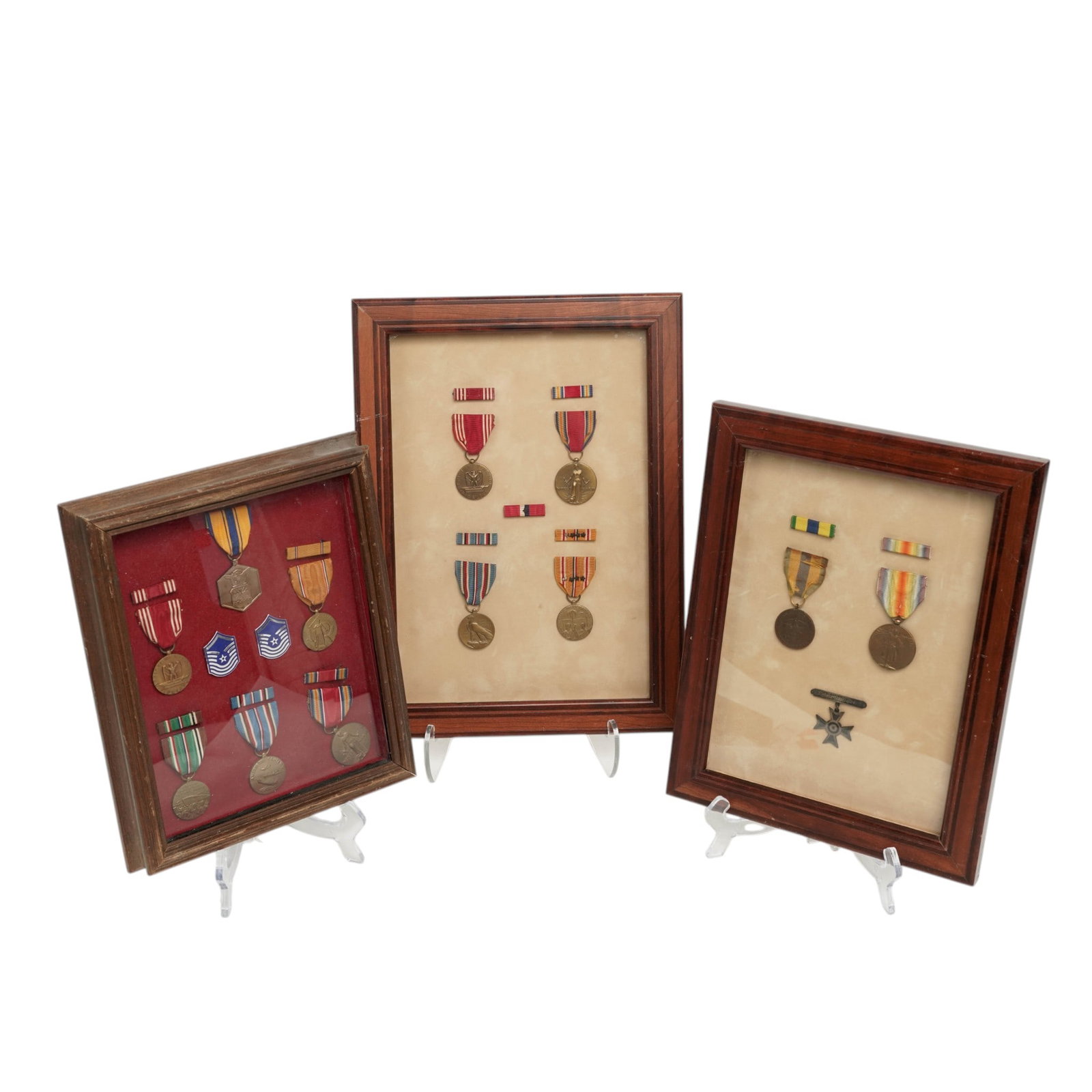 WWI & WWII American Military Award Shadow-Boxes: WWI & WWII American Military Award Shadow-Boxes 20th c., USA United States Air Force Commendation Medal United States Army Good Conduct Medal WWII United States American Defense Service Medal WWII U.S