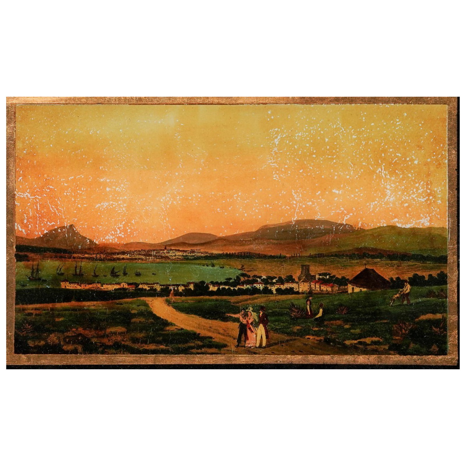 Antique Reverse Painted Glass Rural Seaside Landscape: Antique Reverse Painted Glass Rural Seaside Landscape Early 20th c. Eastern European Reverse painted glass landscape scene depicting a seaside village with people in the foreground under a golden-tone