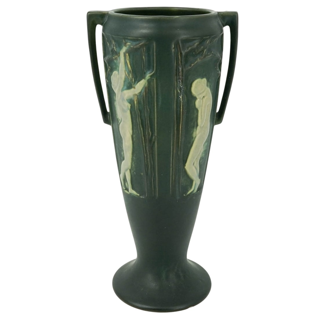 Antique Roseville Pottery "Rosecraft Panel" Nude Vase: Antique Roseville Pottery "Rosecraft Panel" Nude Vase 1926. American The vase features a slender, flared body finished in a deep, matte forest-green glaze. It is ornamented on opposing sides with rece