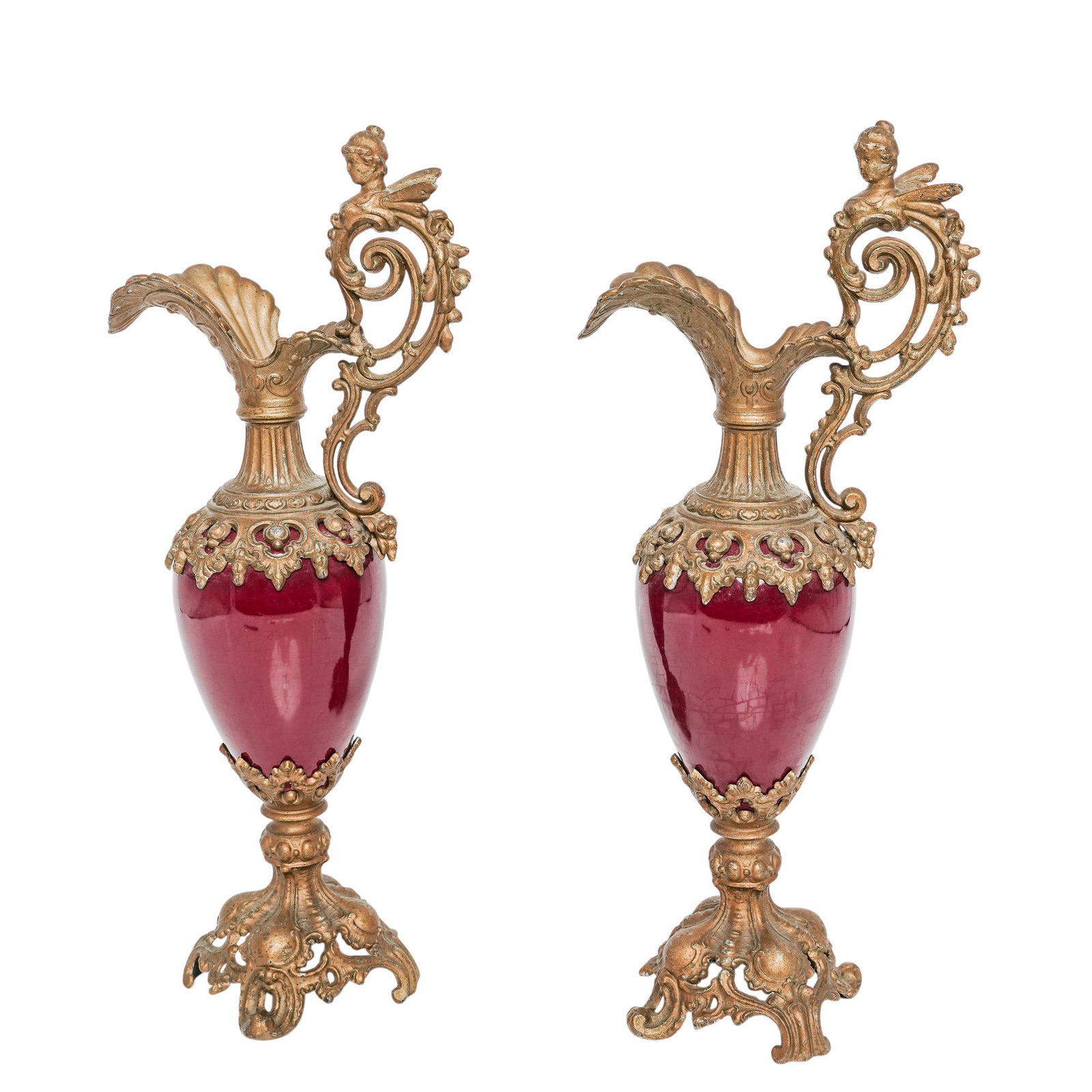 Antique Napoleon III Style Gilt Metal & Porcelain Ewers: Antique Napoleon III Style Gilt Metal & Porcelain Ewers Late 19th to early 20th Cent. French This pair of antique Napoleon III-style ewers features rich burgundy porcelain bodies elegantly framed by o