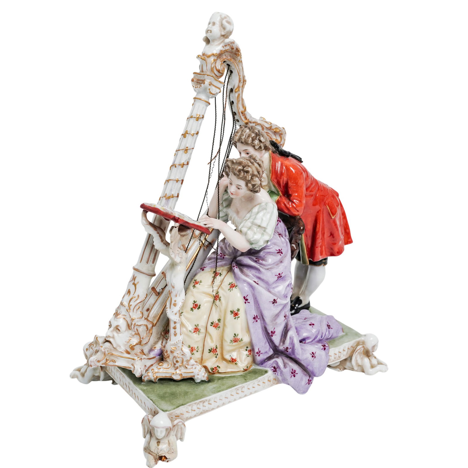 Rococo-Style Ludwigsburg Porcelain Couple Playing Harp Figurine: Rococo-Style Ludwigsburg Porcelain Couple Playing Harp Figurine 19th century, Germany Both figures are dressed in elaborate 18th century period clothing. The woman wears a patterned gown with a long l