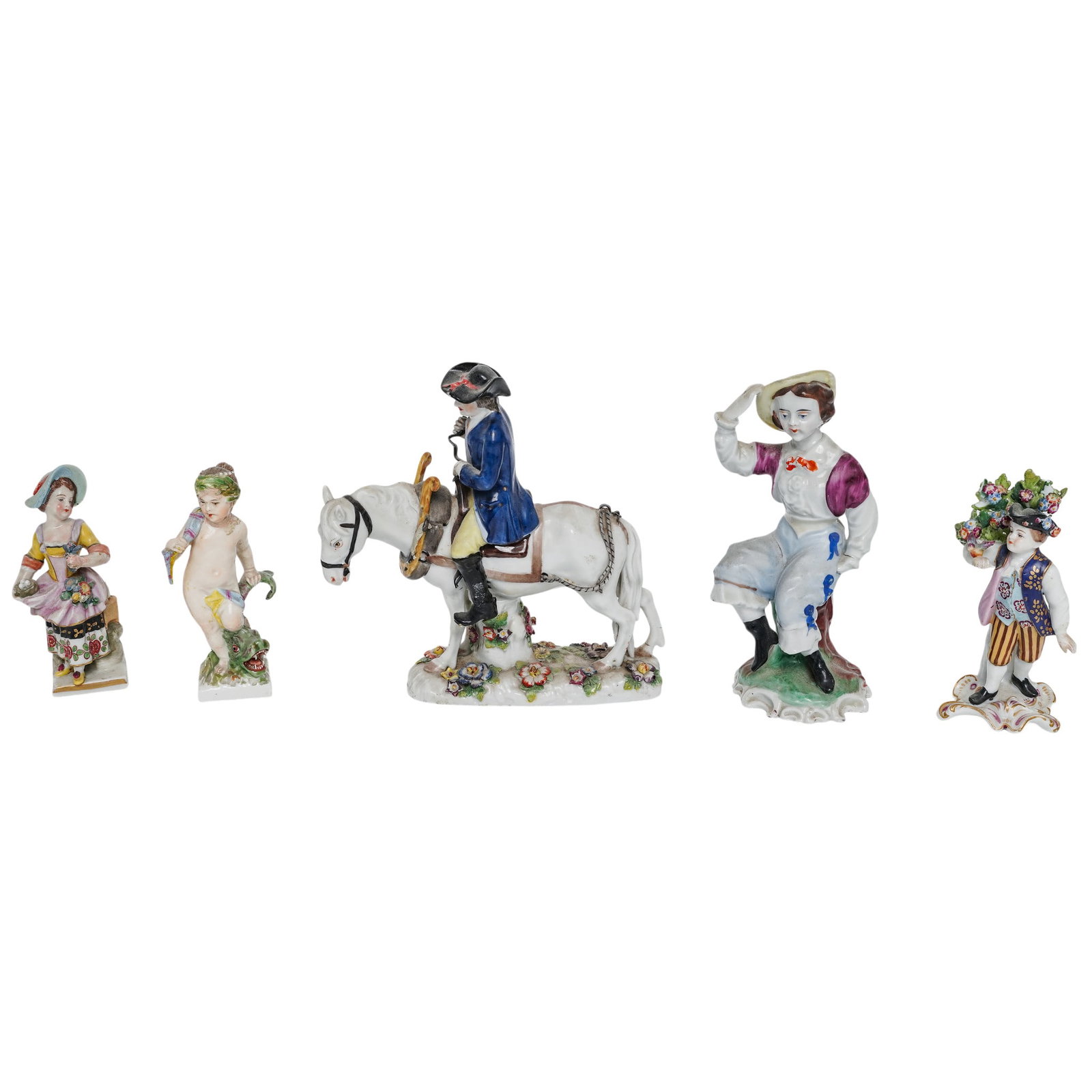 (6 pc) Antique German Porcelain Figurines: (6 pc) Antique German Porcelain Figurines Early 20th Century, Germany Group of six German porcelain figurines in the Rococo and pastoral taste, including a Meissen-style male plowman seated atop a whi