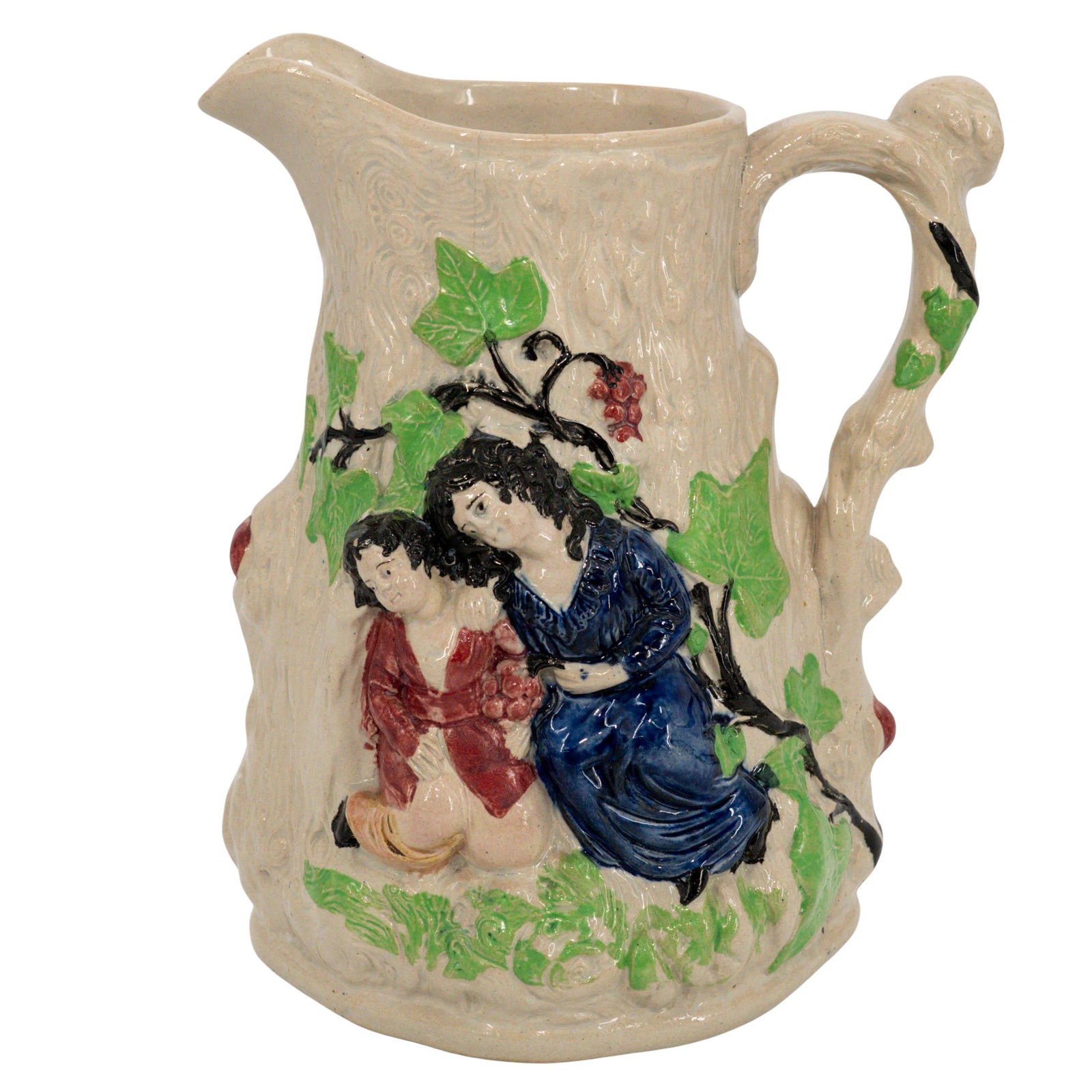 Vintage Ceramic Hand-Painted Relief Pitcher: Vintage Ceramic Hand-Painted Relief Pitcher 20th Cent. Vintage ceramic relief pitcher designed with a realistic tree bark texture. The handle is sculpted to resemble a tree branch intertwined with cli