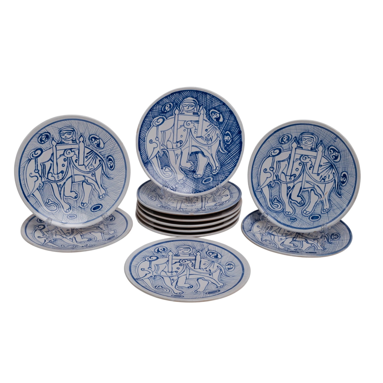 (11pc) Mid Cent. Blue & White Pottery Dinner Plates (1 of 4)