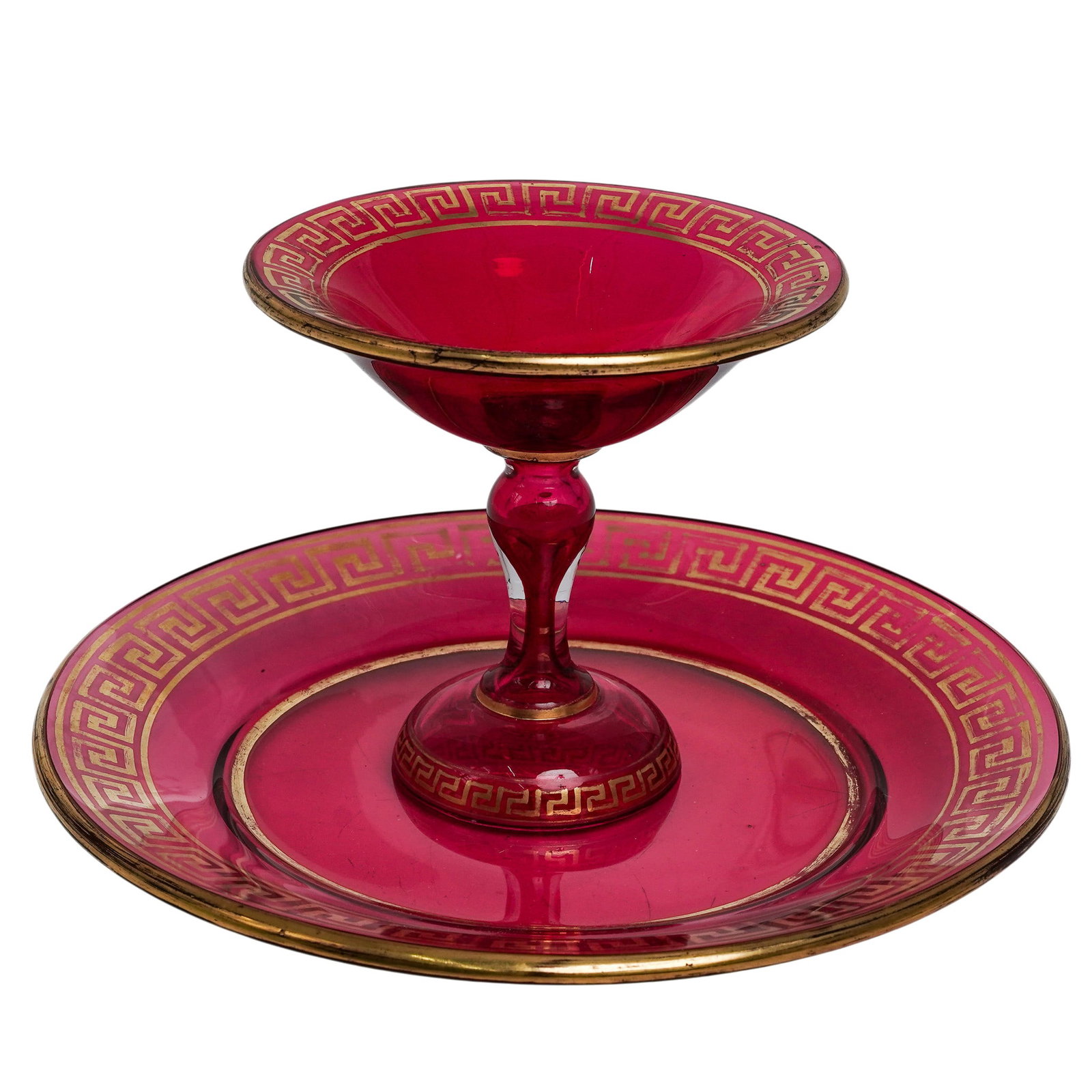 (2 pc) Ruby Glass & Greek Motif Compote & Plate (1 of 2)