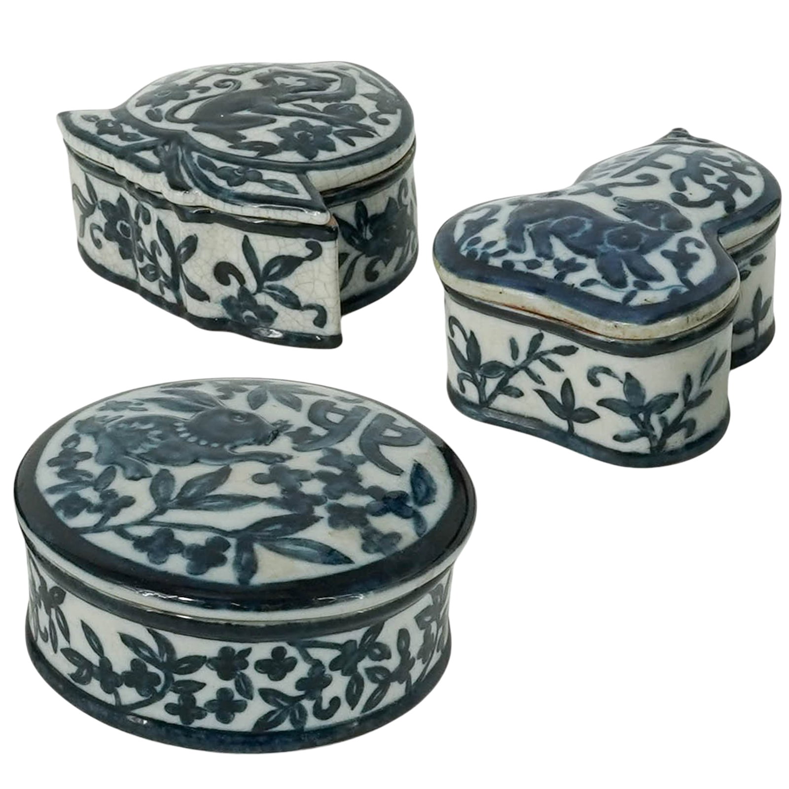(3 pc) Antique Chinese Zodiac Blue & White Porcelain Boxes (1 of 17)
