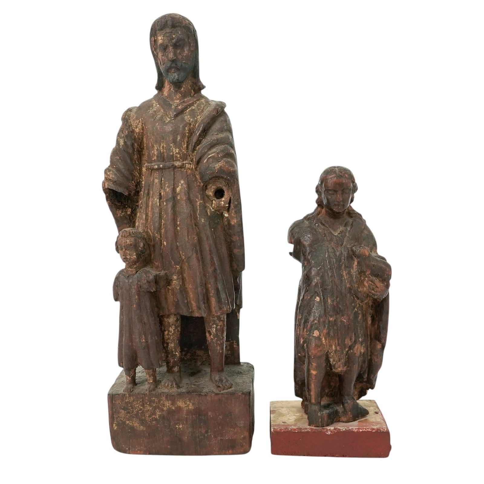(2 pc) Spanish Colonial Carved Wood Saints: (2 pc) Spanish Colonial Carved Wood Saints 19th Century, Possibly Older; Continental Spanish Colonial carved wood saint figures, each depicting robed religious subjects with traces of original