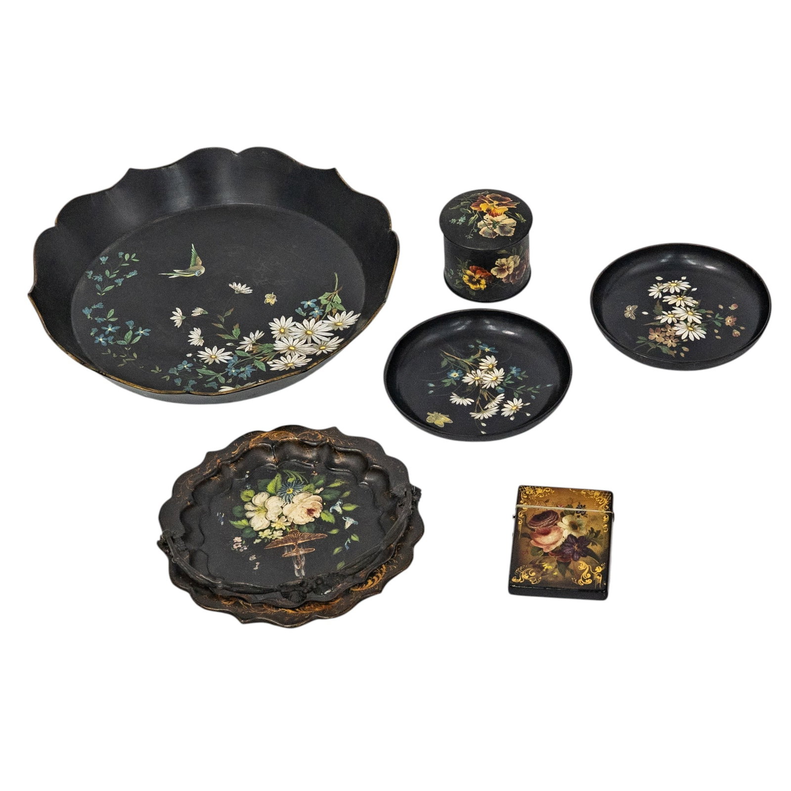 (6 pc) Victorian Tin & Paper Mache Trays, Box, & Cigarette Case (1 of 8)