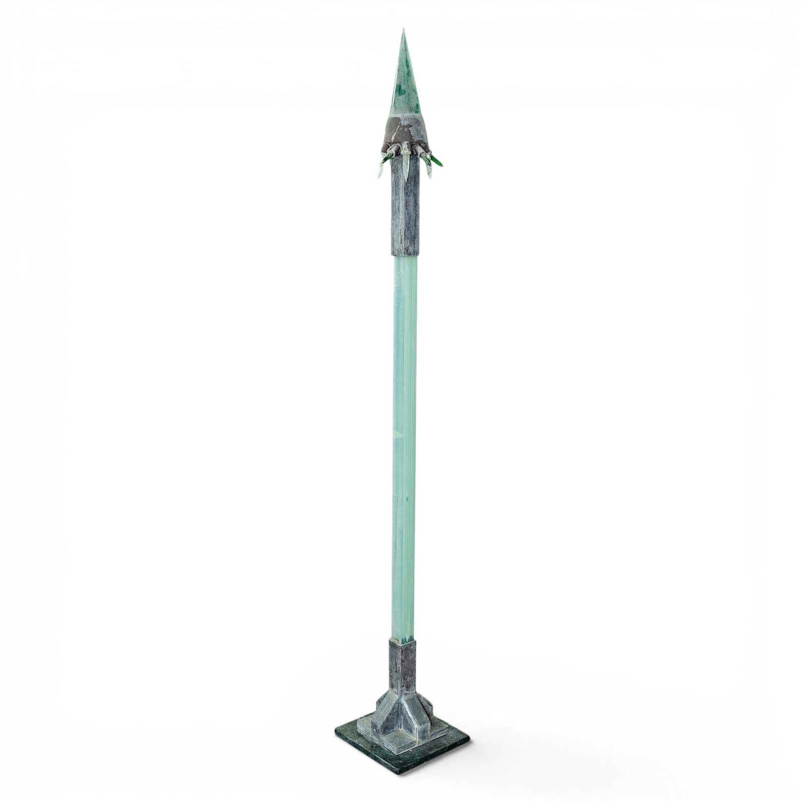 American Studio Art Industrial Glass & Metal Sculpture: American Studio Art Industrial Glass & Metal Sculpture 20th century, American An American studio art sculpture. Created from thin panels of "watery" green industrial glass with a metal square base. To