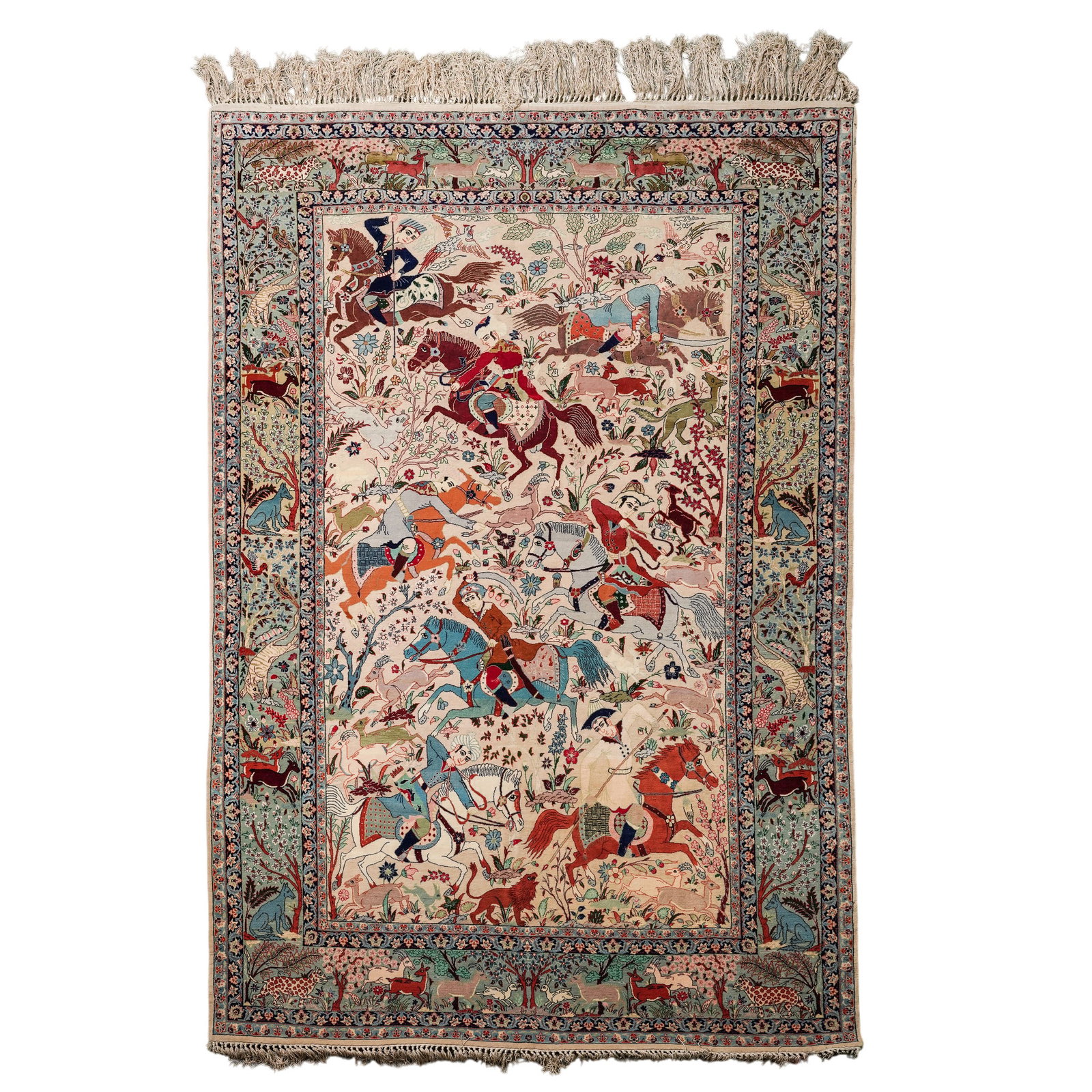 Persian Silk Blend Isfahan "Hunting Scene" Hand Knotted Rug: Persian Silk Blend Isfahan "Hunting Scene" Hand Knotted Rug 20th century, Persian Persian silk and wool Isfahan "hunting scene" hand knotted rug, features intricate pictorial designs that depict noble