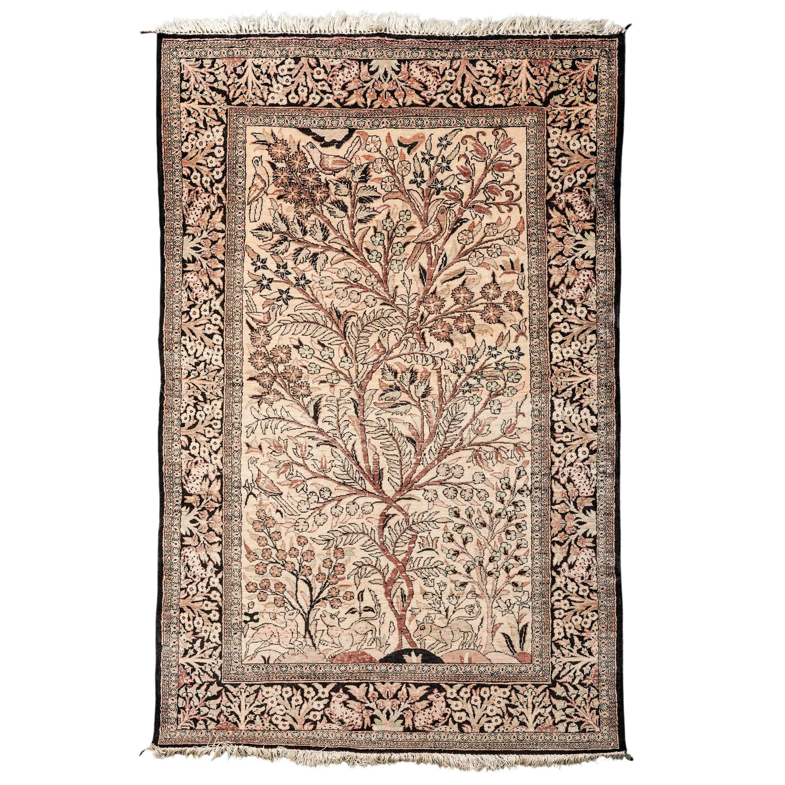 Persian Qum Silk Blend "Tree of Life" Rug: Persian Qum Silk Blend "Tree of Life" Rug 20th century, Persian A Persian Qum silk and wool blend "Tree of Life" rug. The central motif is the "Tree of Life," symbolizing growth, eternal life, and the