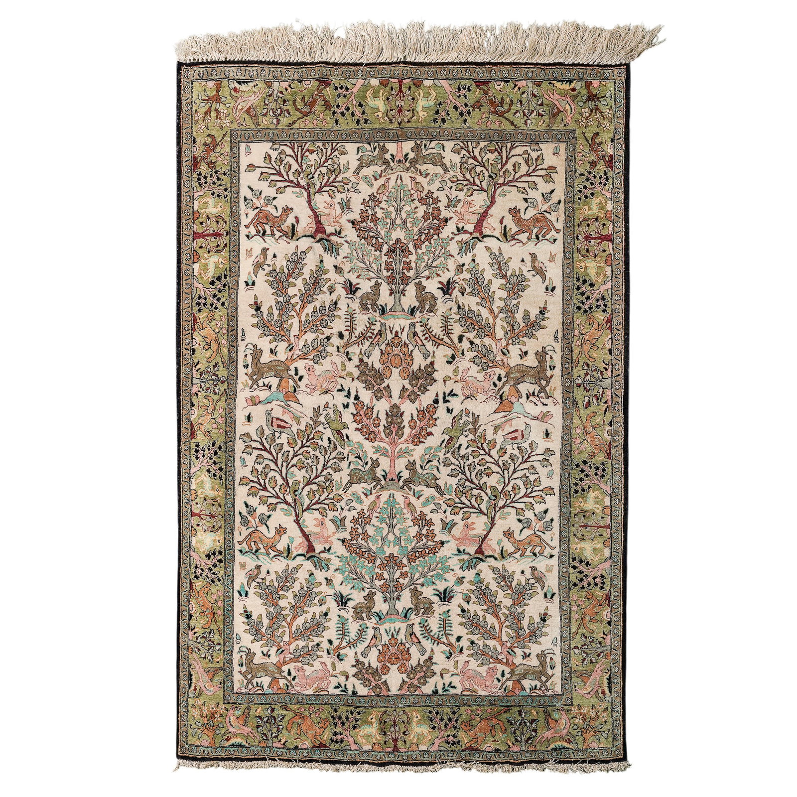Persian Silk Blend Qum "Tree of Life" Rug: Persian Silk Blend Qum "Tree of Life" Rug 20th century, Persian Hand-knotted Persian Qum (Qom) silk wool blend Tree of Life rug. These rugs are highly prized for their intricate pictorial designs, fea