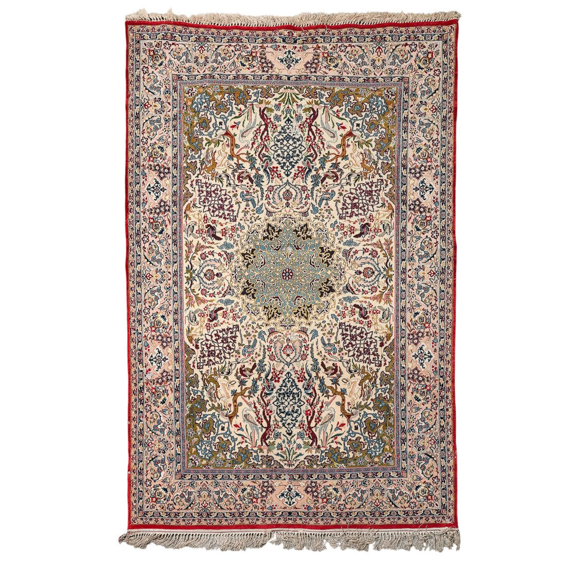 Persian Silk and Wool Blend "Tree of Life" Tabriz Rug: Persian Silk and Wool Blend "Tree of Life" Tabriz Rug 20th century, Persian A Persian fine wool Tabriz rug. A sophisticated "Tree of Life" composition featuring a prominent central floral medallion. T