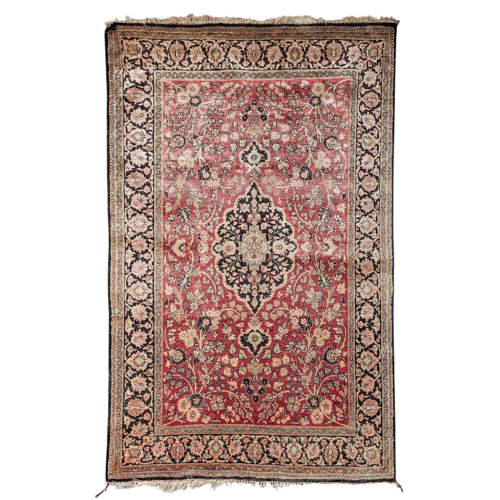 Persian Silk Qum Rug: Persian Silk Qum Rug 20th century, Persian Persian silk Qum rug. This rug features a rich, classic color palette and a traditional, symmetrical design. The primary field is a deep burgundy red, provid