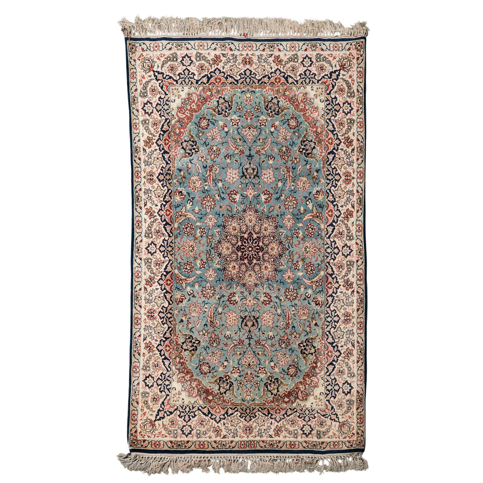 Persian Nain Silk Rug: Persian Nain Silk Rug 20th century, Iran A Persian Nain silk rug. Features a cool, sophisticated color scheme and dense, curvilinear patterns set against a serene steel blue or "French blue" primary f