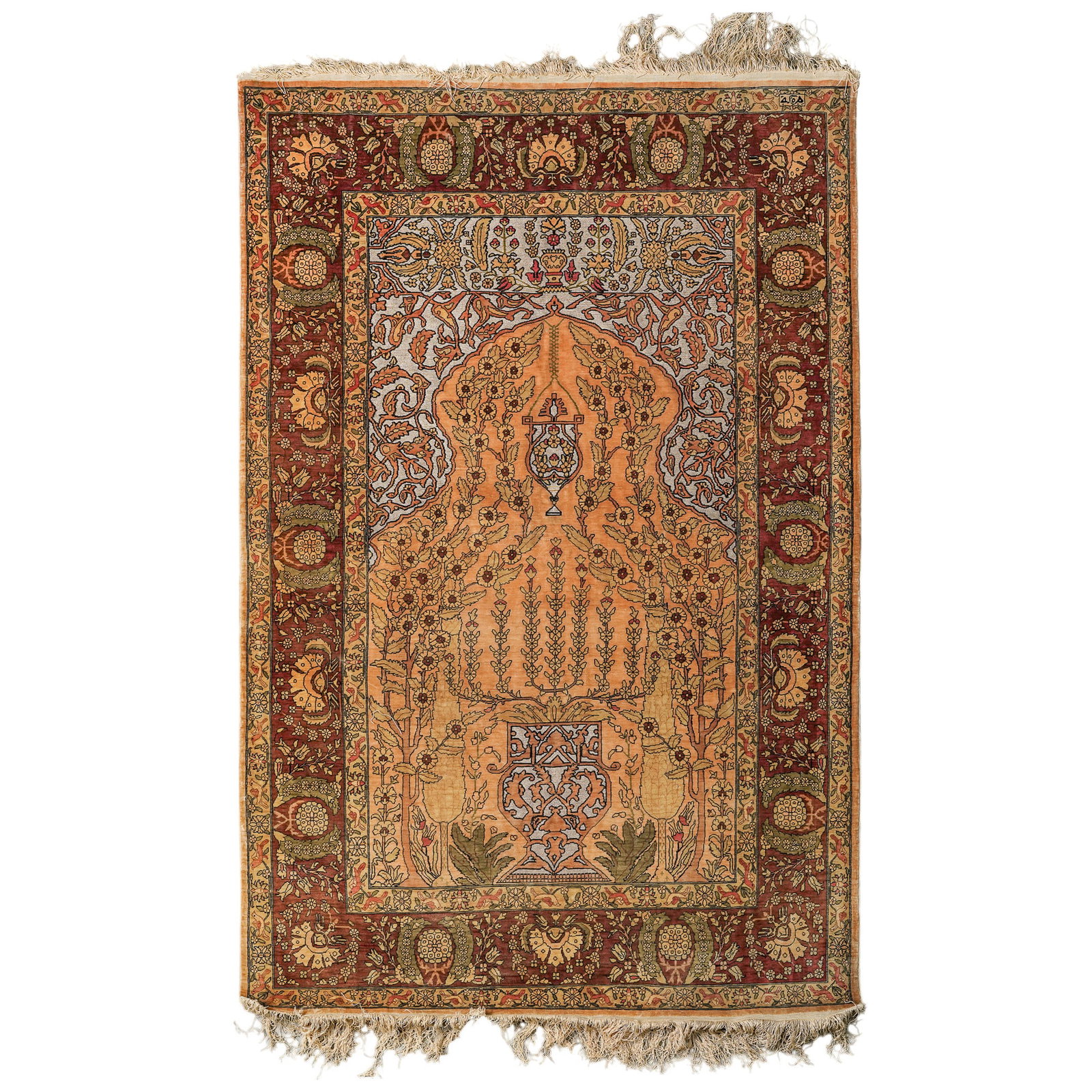 Signed Turkish Hereke Souf Metallic Threaded Silk Prayer Rug: Signed Turkish Hereke Souf Metallic Threaded Silk Prayer Rug 20th century, Turkish A signed Hereke "Souf" silk prayer rug. This rug features a central "Tree of Life" set in a Mihrab (prayer niche) arc