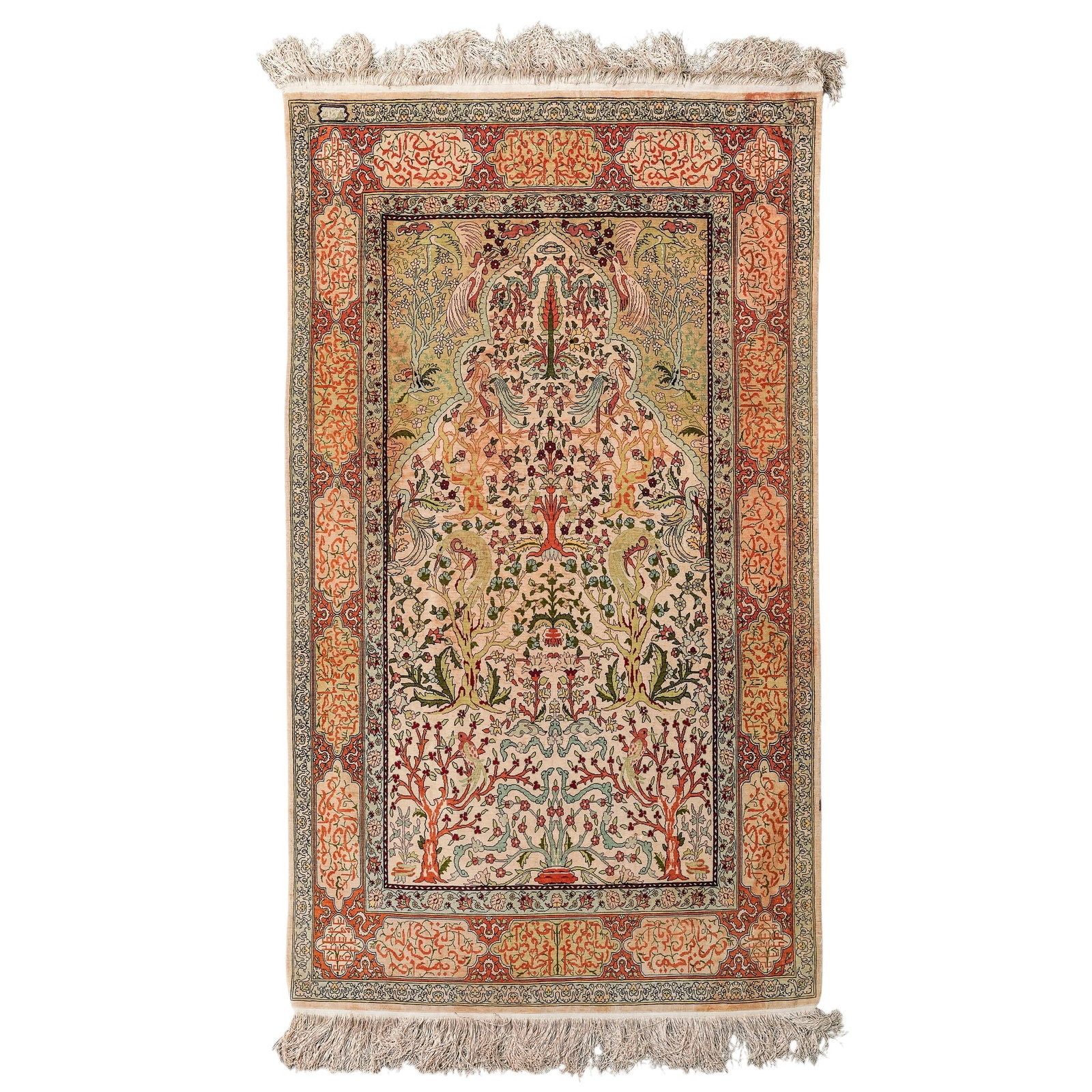 Fine Signed Turkish Hereke Silk Rug: Fine Signed Turkish Hereke Silk Rug 20th century, Turkish An extremely fine Turkish Hereke silk rug featuring a classic "Tree of Life" design. This is a Tree of Life pictorial rug. The central motif f