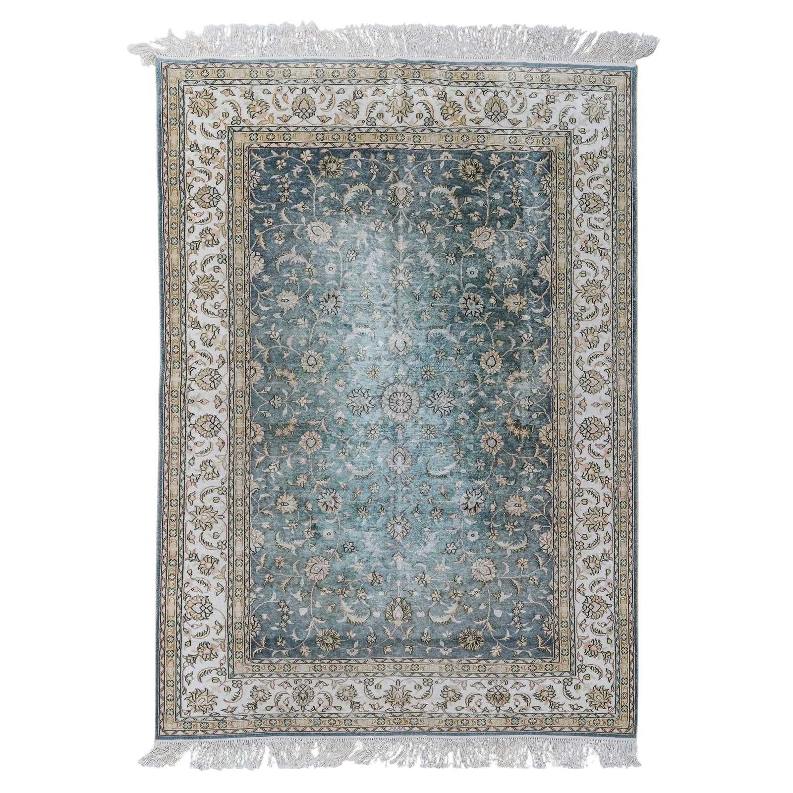 Vintage Turkish Silk-Wool Blend Rug: Vintage Turkish Silk-Wool Blend Rug 20th Century, Turkey. Handwoven rug featuring an allover floral vine motif in soft blue, ivory, and taupe tones with decorative border and fringe ends. Finely detai