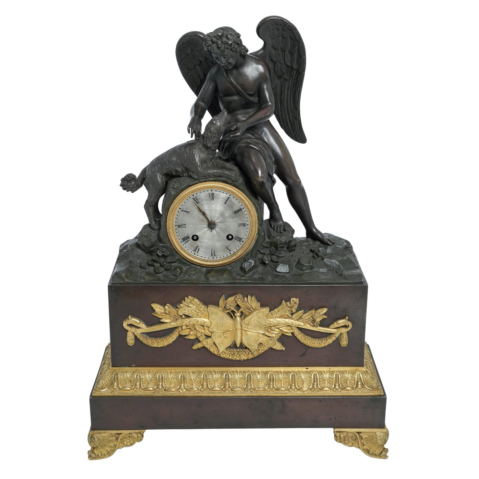 French Charles X Patinated & Gilt Bronze Figural Mantel Clock w/ Dome (1 of 11)