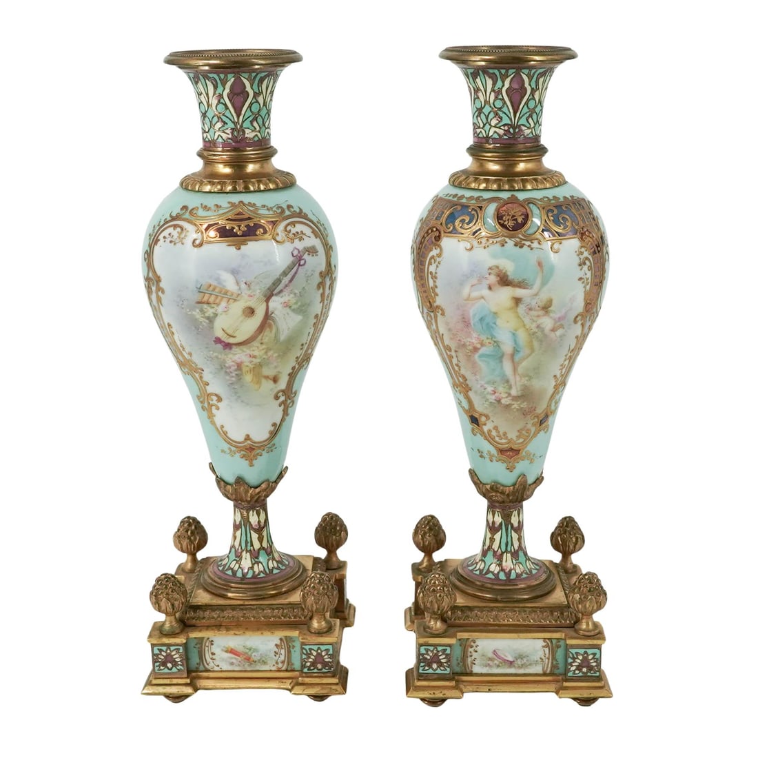 Pair of Antique French Enameled Urns, Signed: Pair of Antique French Enameled Urns, Signed 19th century, French Pair of 19th century French porcelain urns with ornate decorative neoclassical forms and opulent enameled and hand-painted scenes on o