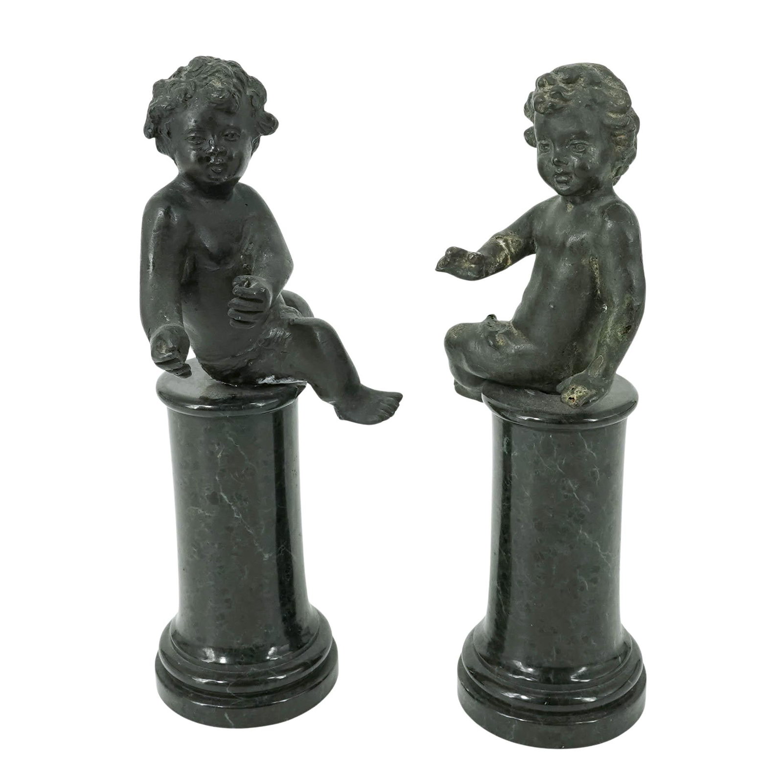 Pair of Neoclassical Iron Cherubs on Marble Bases (1 of 16)