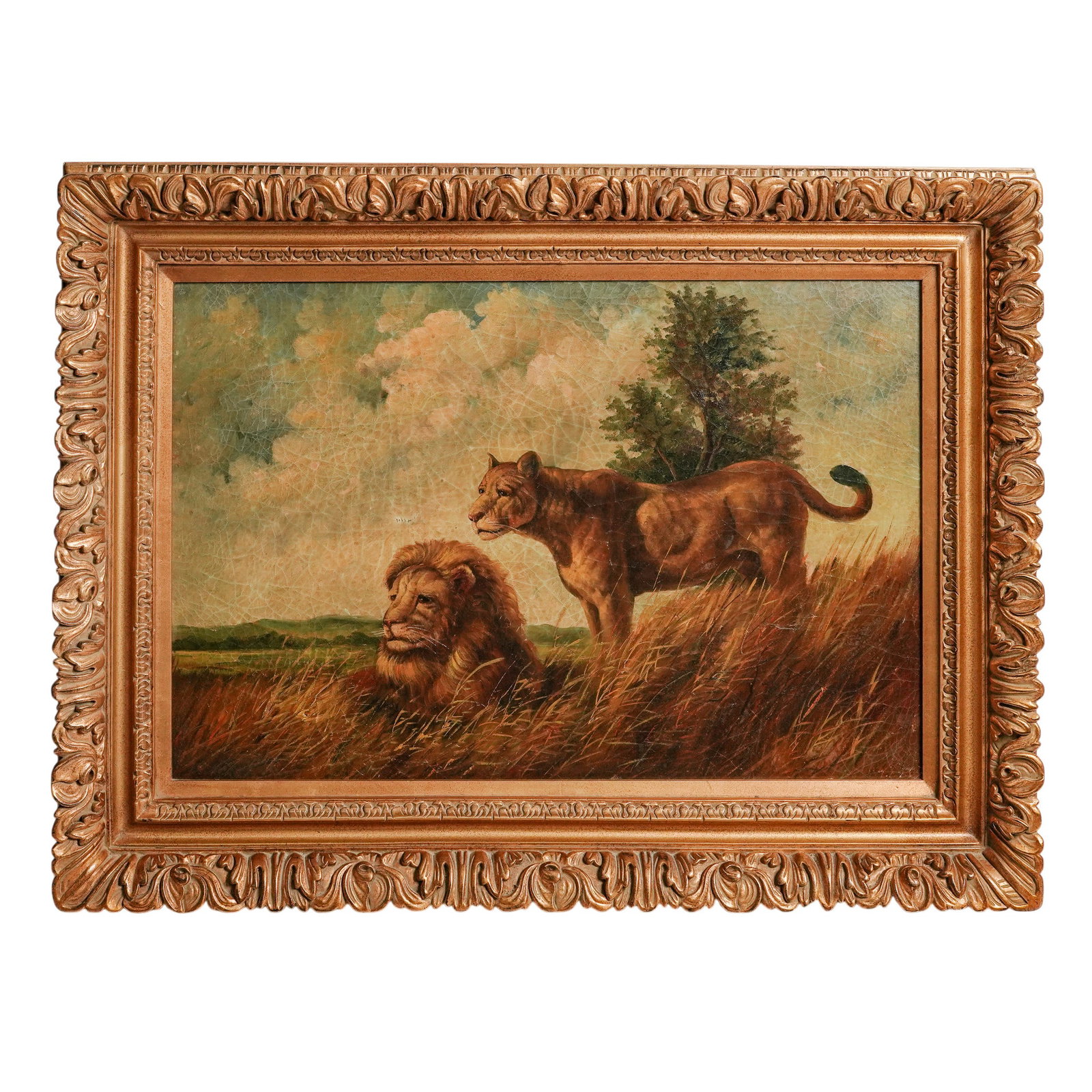 Antique Lions In The Savanah Oil On Board Painting: Antique Lions In The Savanah Oil On Board Painting 19th Century, Continental Wildlife scene depicting a lion and lioness in tall grasses beneath a cloudy sky, rendered in warm earth tones. Presented i