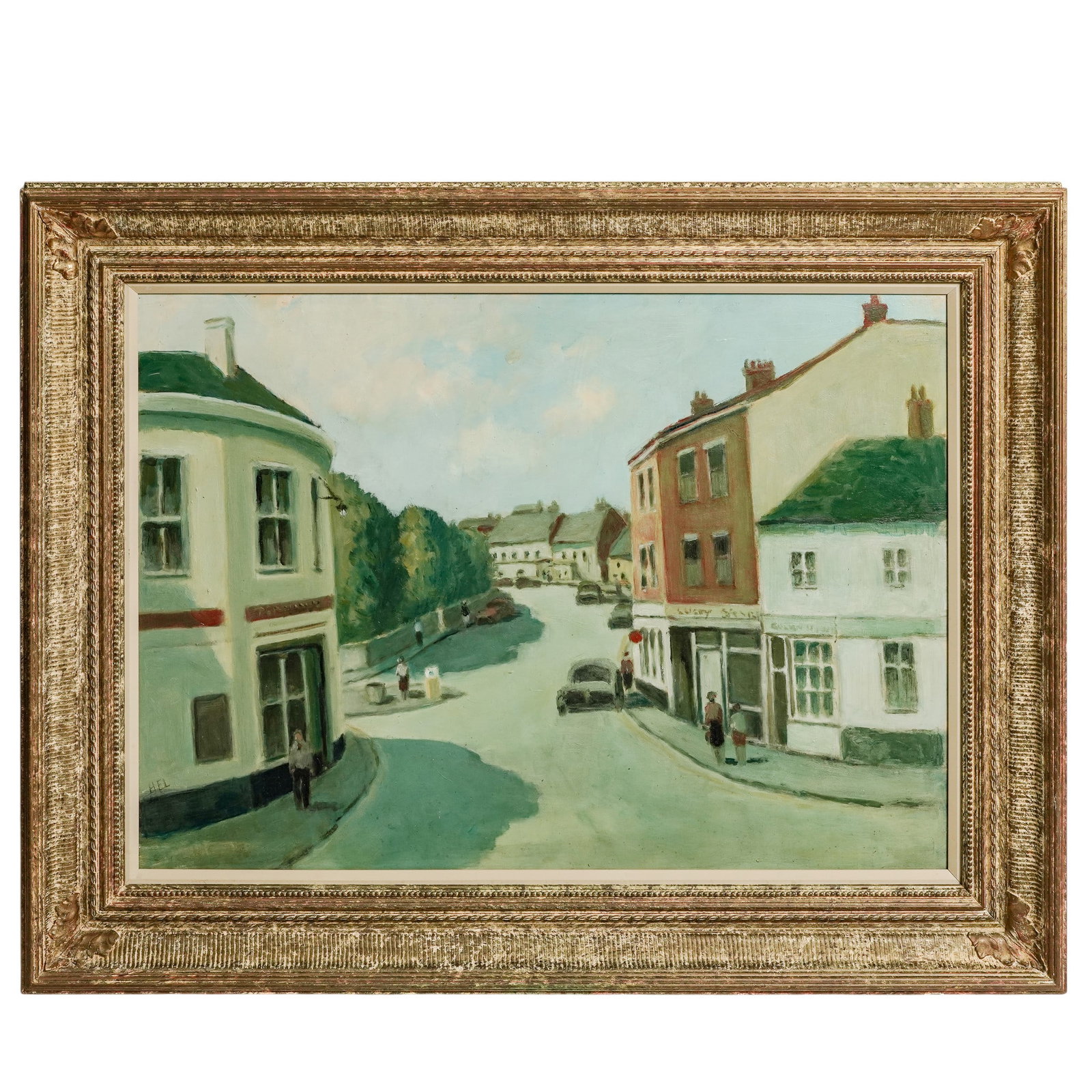 H.E. Lewis (20th Century) ‘George Street, Hailsham,’ Oil On Masonite: H.E. Lewis (20th Century) ‘George Street, Hailsham,’ Oil On Masonite 20th Century, England Street scene depicting figures, storefronts, and automobiles along a quiet town roadway, rendered in a so
