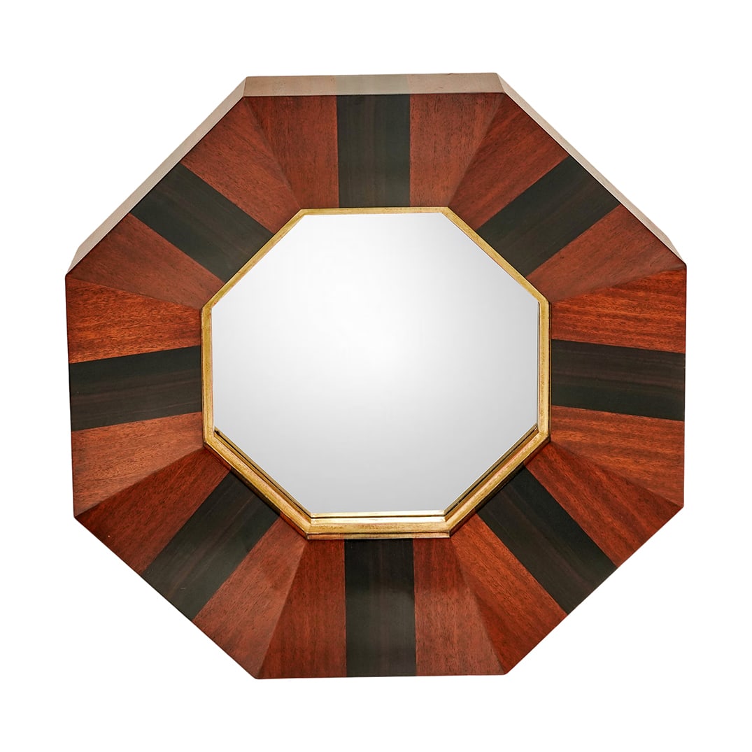 Octagonal Inlaid Wood Wall Mirror: Octagonal Inlaid Wood Wall Mirror Mid to late 20th century An octagonal wall mirror with various inlaid wood panels. H 39.5" x W 38.5"